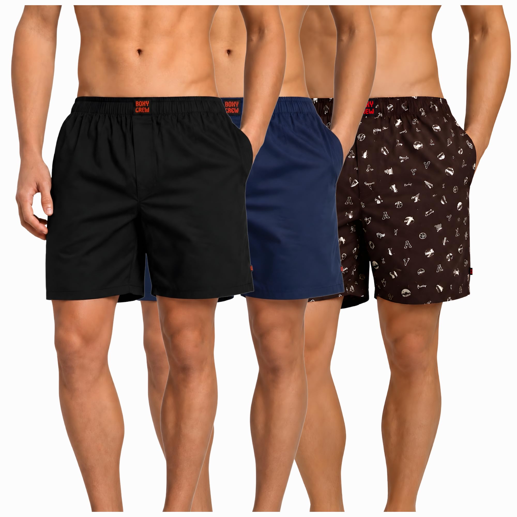 Men's 100% Cotton Boxer Shorts Pack of 3, Black, Navy Blue & Brown | Woven Boxers with Side Pockets, No-Marks Elastic Waistband, Breathable Relaxed Fit | Style 001-002-005-image-27