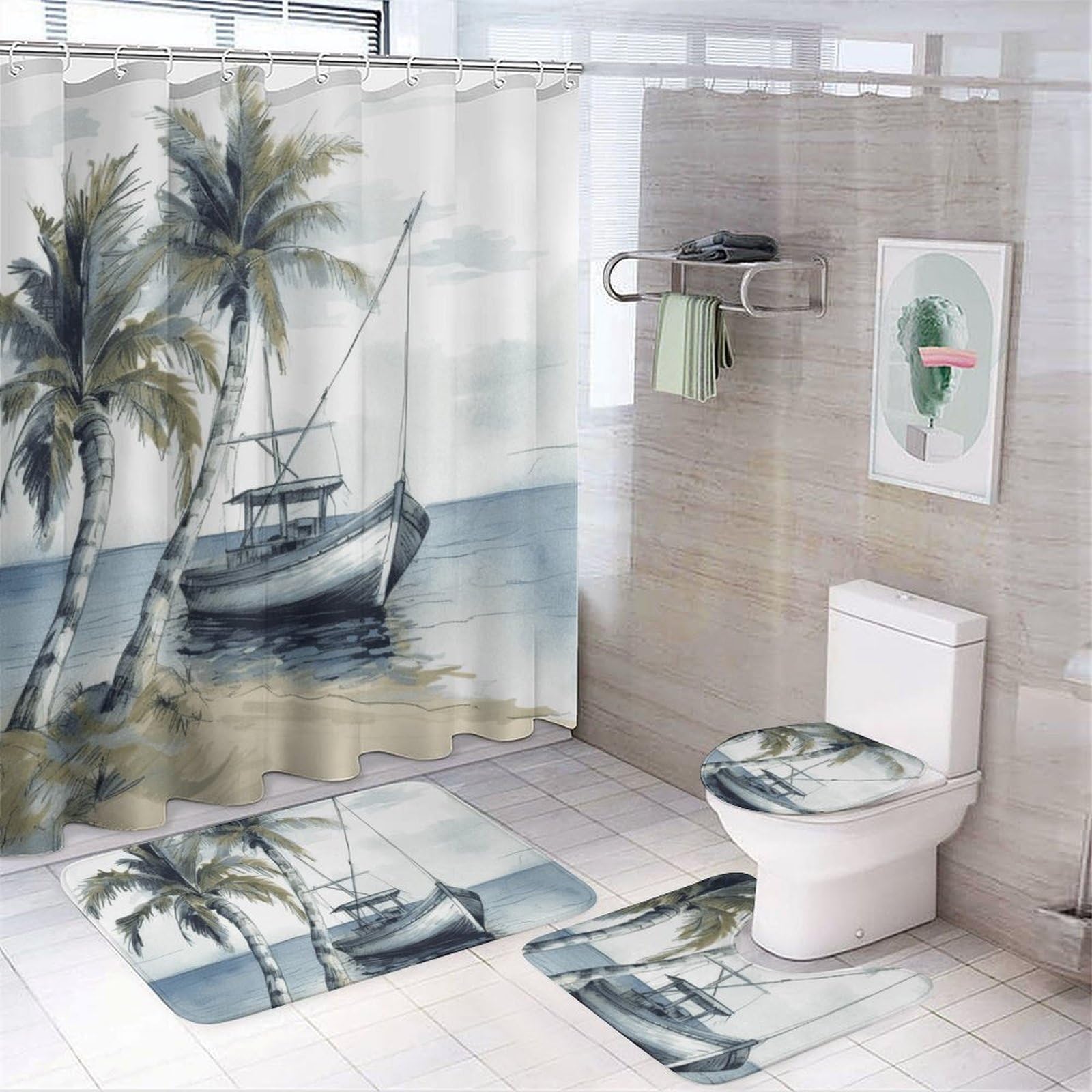 Tapis de douche imperméable et antidérapant avec ensemble de toilette 4 pièces