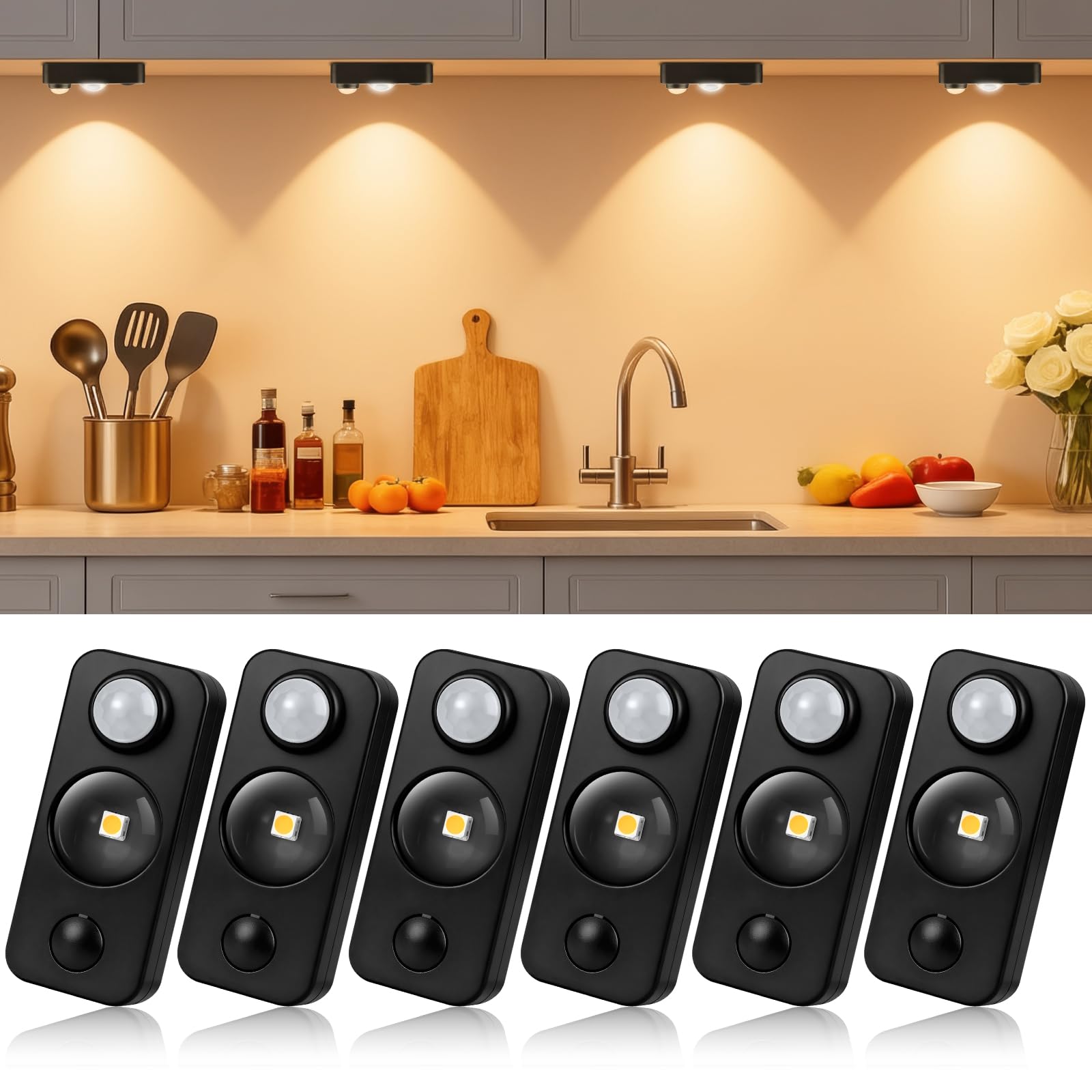 LED Motion Sensor Lights Indoor, Rechargeable Cupboard Lights with 3 Modes, Stick-On Dimmable Wireless USB Night Light for Wardrobe, Drawer, Shelf, Stairs, Under Cabinets, Black, Warm White(6 Pack)