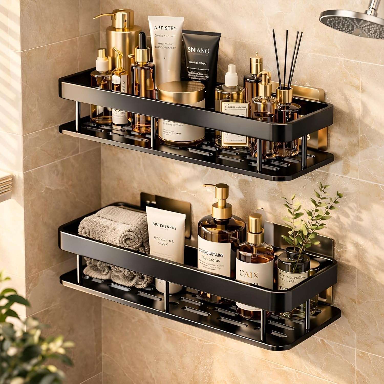 Jivinex Plastic Self Adhesive Wall‑Mounted Bathroom Shelf Rack | Rectangular Organizer for Shampoo Soap Toiletries | Drill‑Free, Waterproof, Space Saving Storage Holder (Black, Pack of 2)-image-38