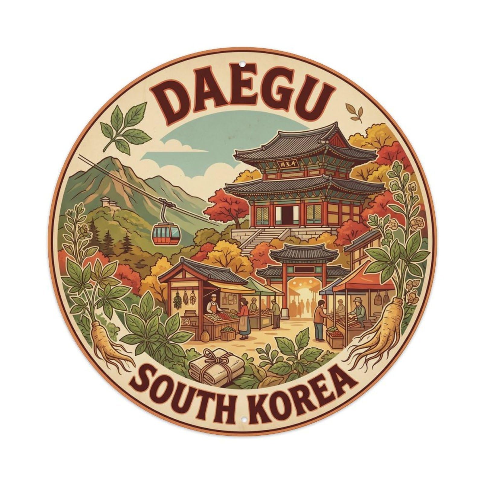 Yrnq 8X8inch Vintage Style Vintage Travel South Korea Daegu Temple Metal Tin Sign