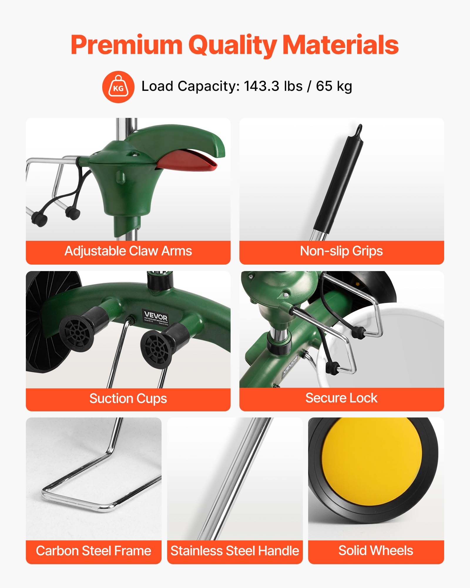 VEVOR Carrito de Transporte para macetas con Asa de Agarre Ajustable Capacidad Máxima de 65 kg Transportador de Macetas 550 x 370 x 1180 mm con Ventosa y Cierre de Seguridad para Interior, Exterior