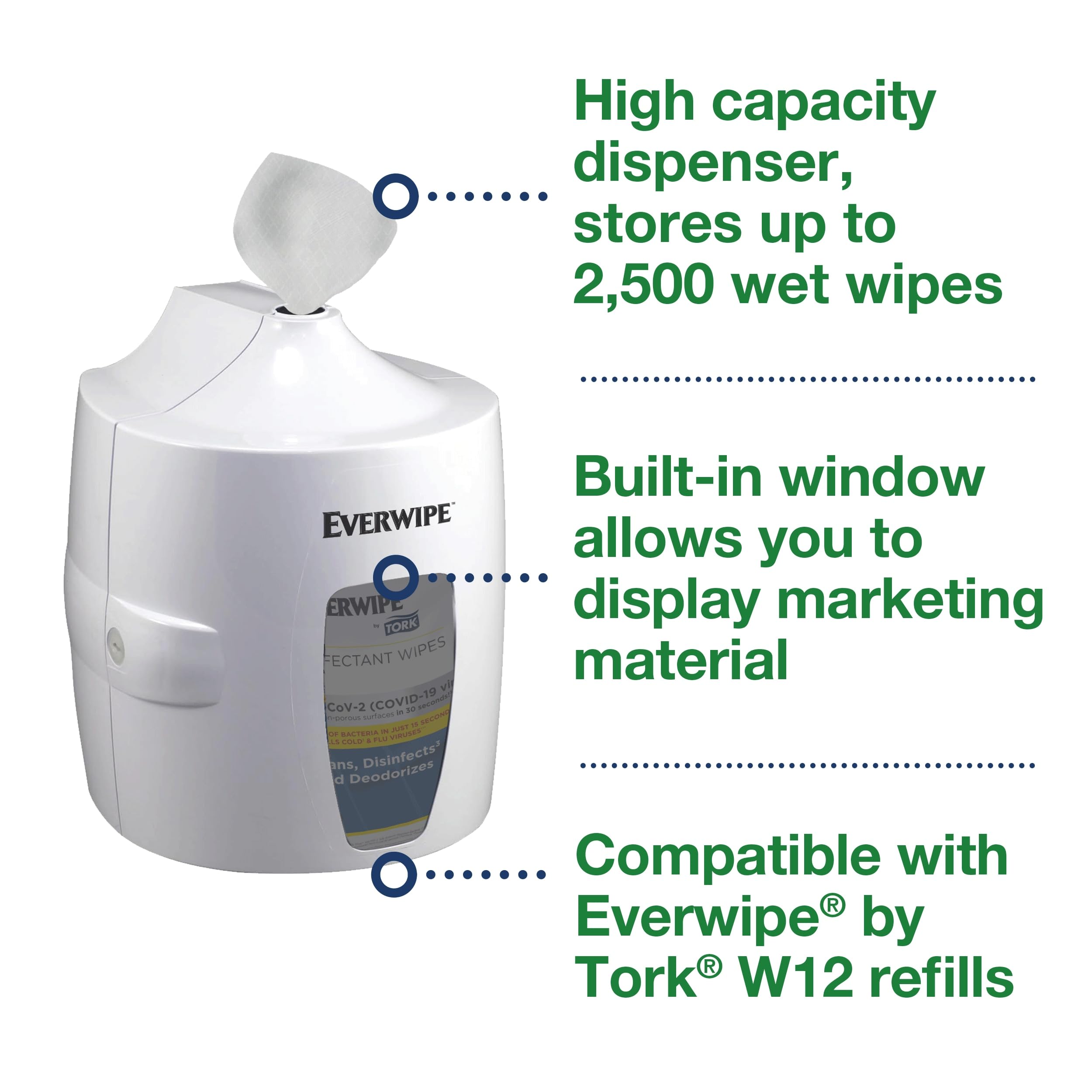 Everwipe by Tork Centerfeed Distributeur de lingettes humides, Blanc, pour Une Utilisation avec Les recharges Jumbo Roll W12 (192816, 192821 et 192830), 192851 (10-DISP)