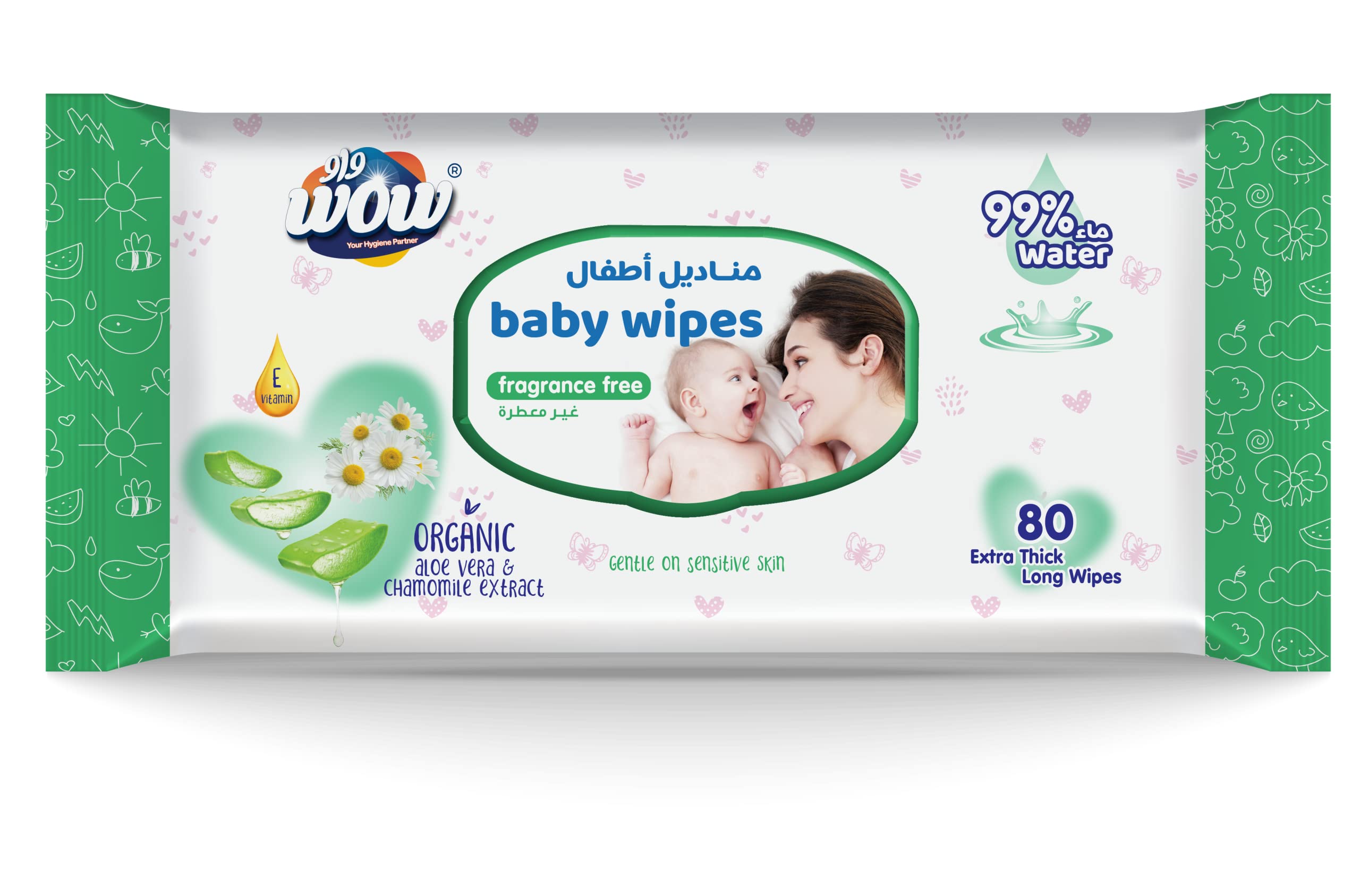 WOW Baby 80's 99% water wipes Extra Thick Long Wipes with Organic Aloe Vera, Chamomile Extract and Vitamin E, Gentle on sensitive skin, Fragrance Free.
