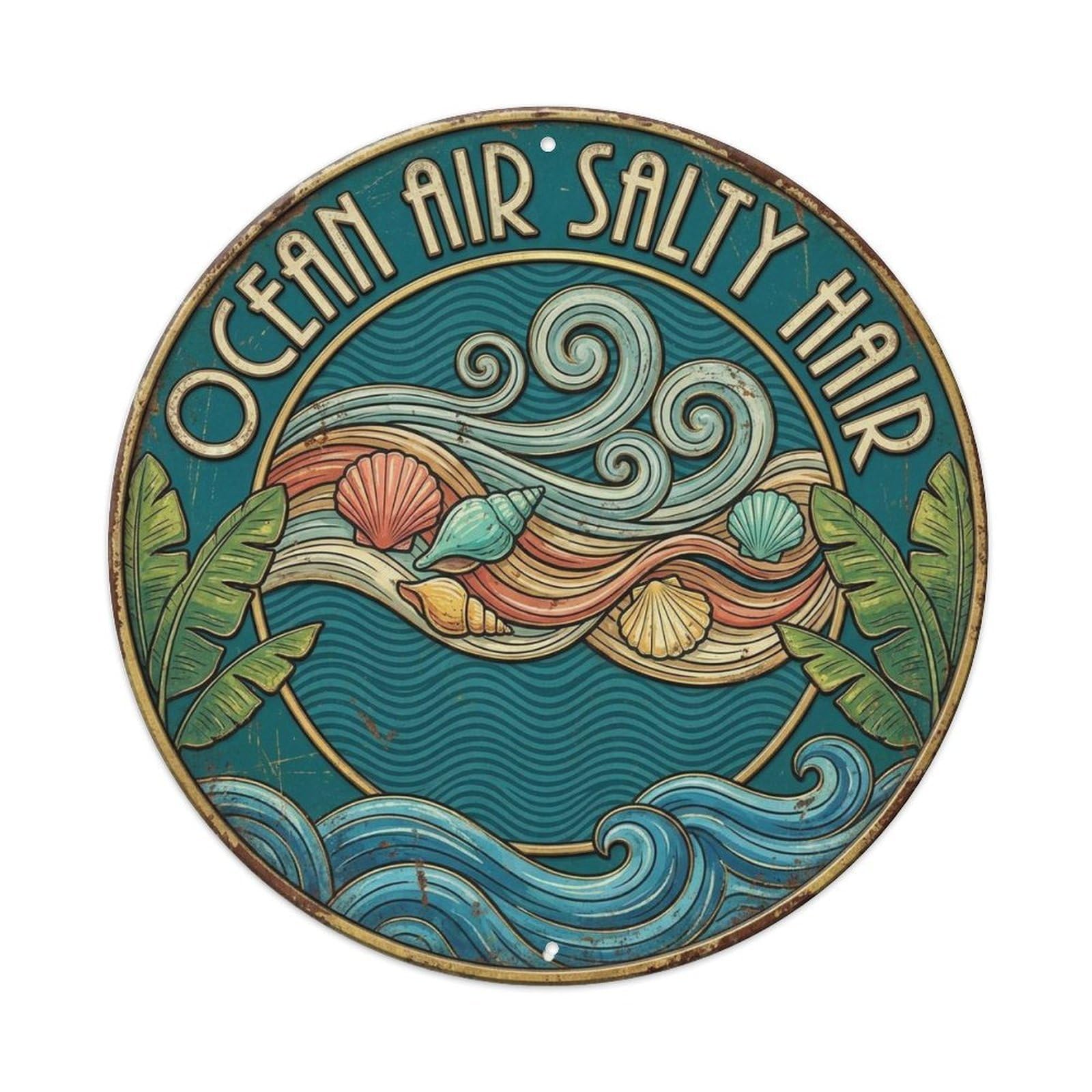 Ocean Air Salty Hair Vintage Summer Shoreline Beach Slogan Metal Tin Sign Plaque Wall Decor for Cafe, Man Cave, Club Bar, Office, Home Garden Round Metal Poster 8x8Inch