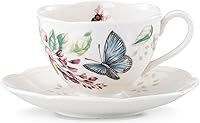 Lenox Butterfly Meadow Blue Porcelain Cup & Saucer Set - 8oz Teacup, 6" Saucer, Dishwasher & Microwave Safe