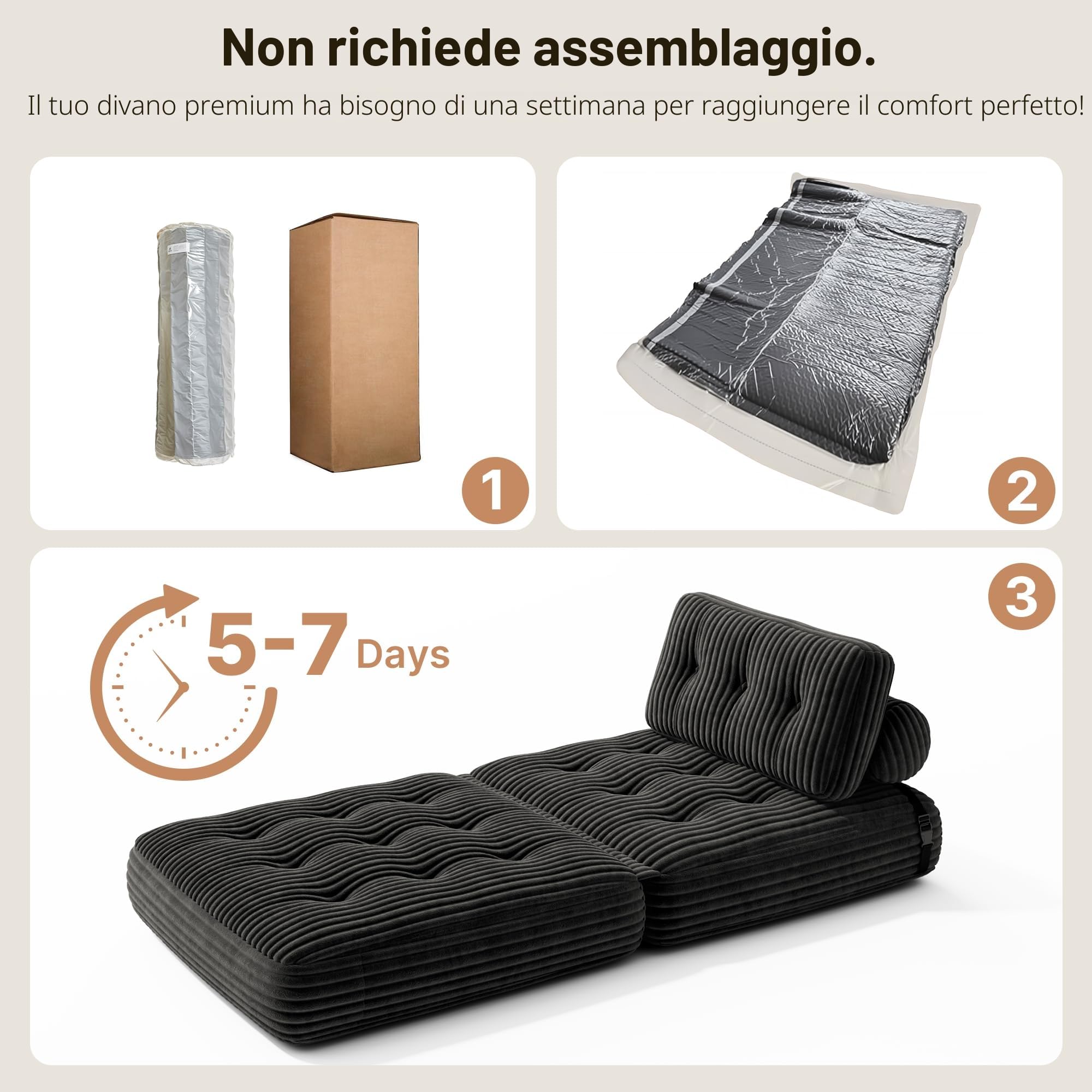 Xbro Divano Letto Singolo 2 in 1 Pieghevole in Velluto a Coste Salvaspazio, Poltrona Letto per Monolocale e Camera Ospiti, 85x170 cm, Grigio Scuro