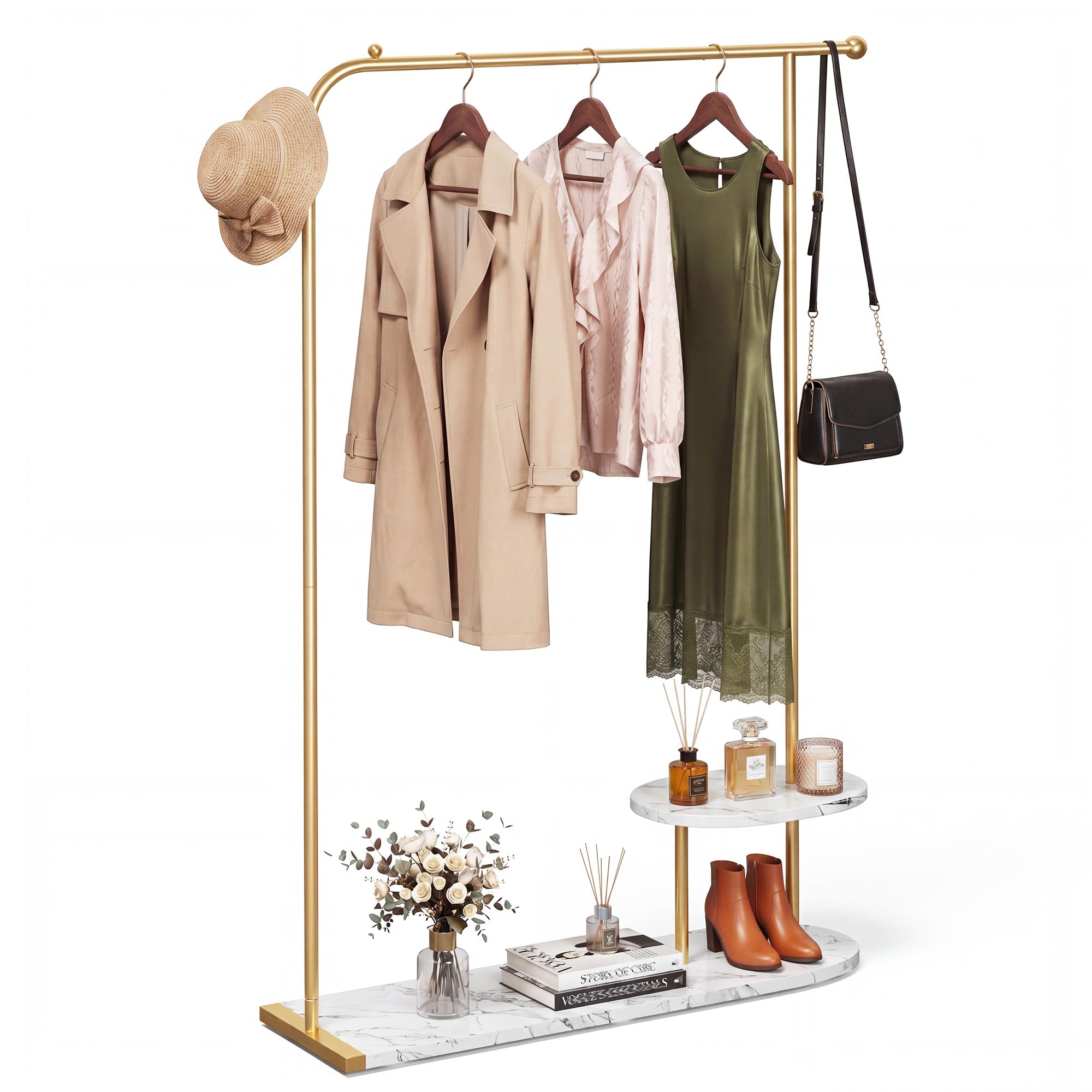 Raybee Gold Clothing Rack with Display Stand, Modern Freestanding Coat Rack