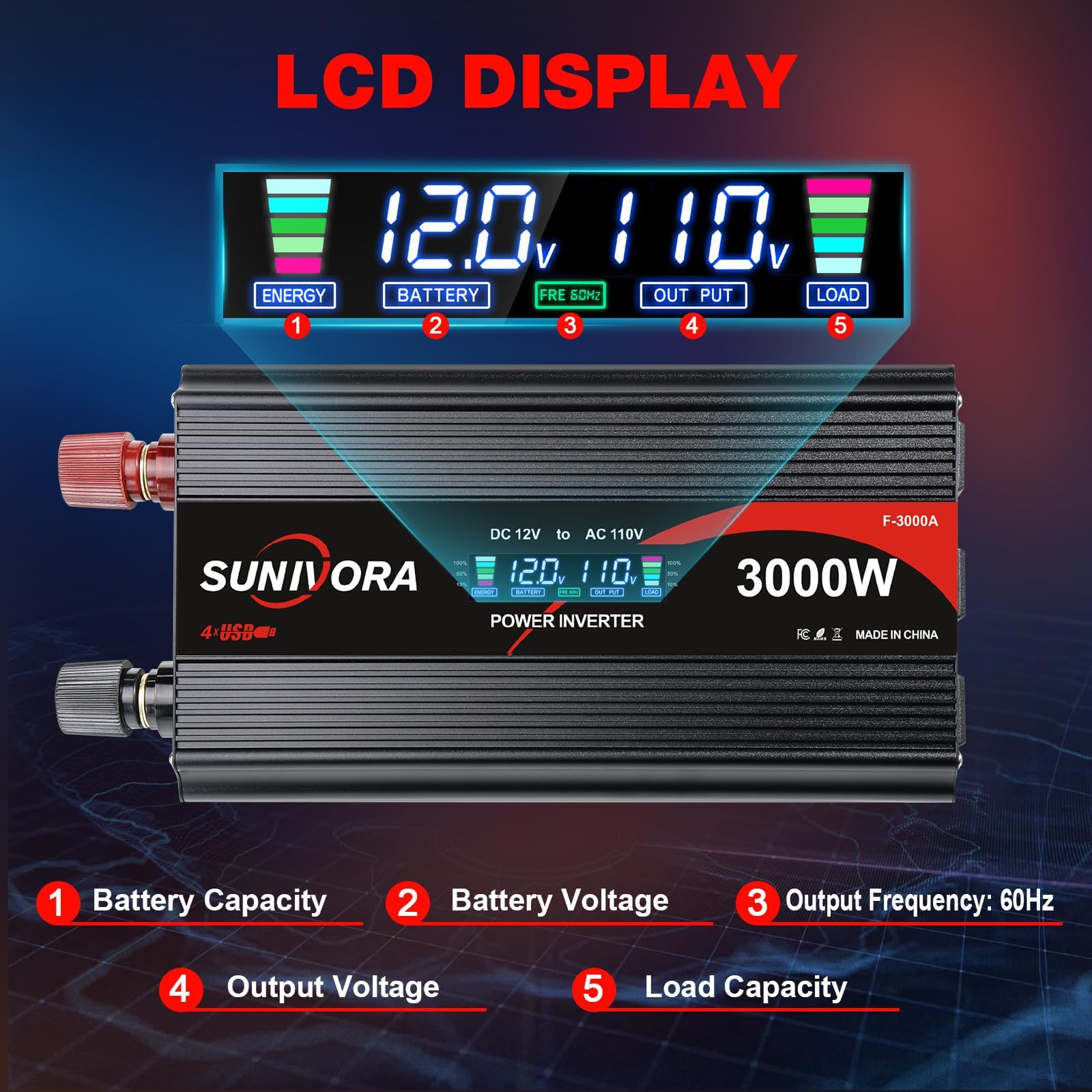 Sunivora 3000 Watt Inverter with LCD & Remote Control 12V DC to 110V/120V AC 60HZ Power Converter 6000W(Peak) with 4 Sockets & 4 USB Ports Power Inverters for Vehicles RV Truck Camping