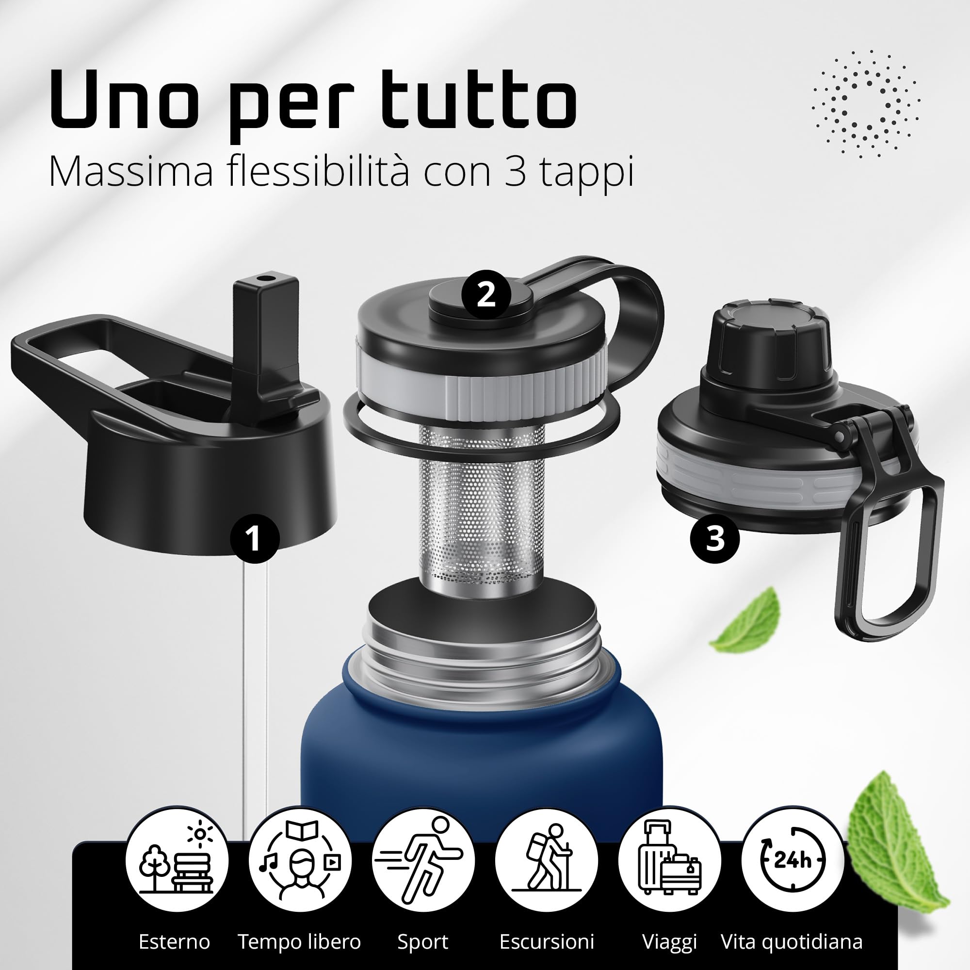 BeMaxx Borraccia Termica con Cannuccia ACTIVE FLASK 1 litro 750 ml 500ml (3 Tappi Infusore per Tè e Frutta), Senza BPA | Bottiglia Termica Acciaio Inox Isotermica - Palestra Sportiva Ufficio Fitness