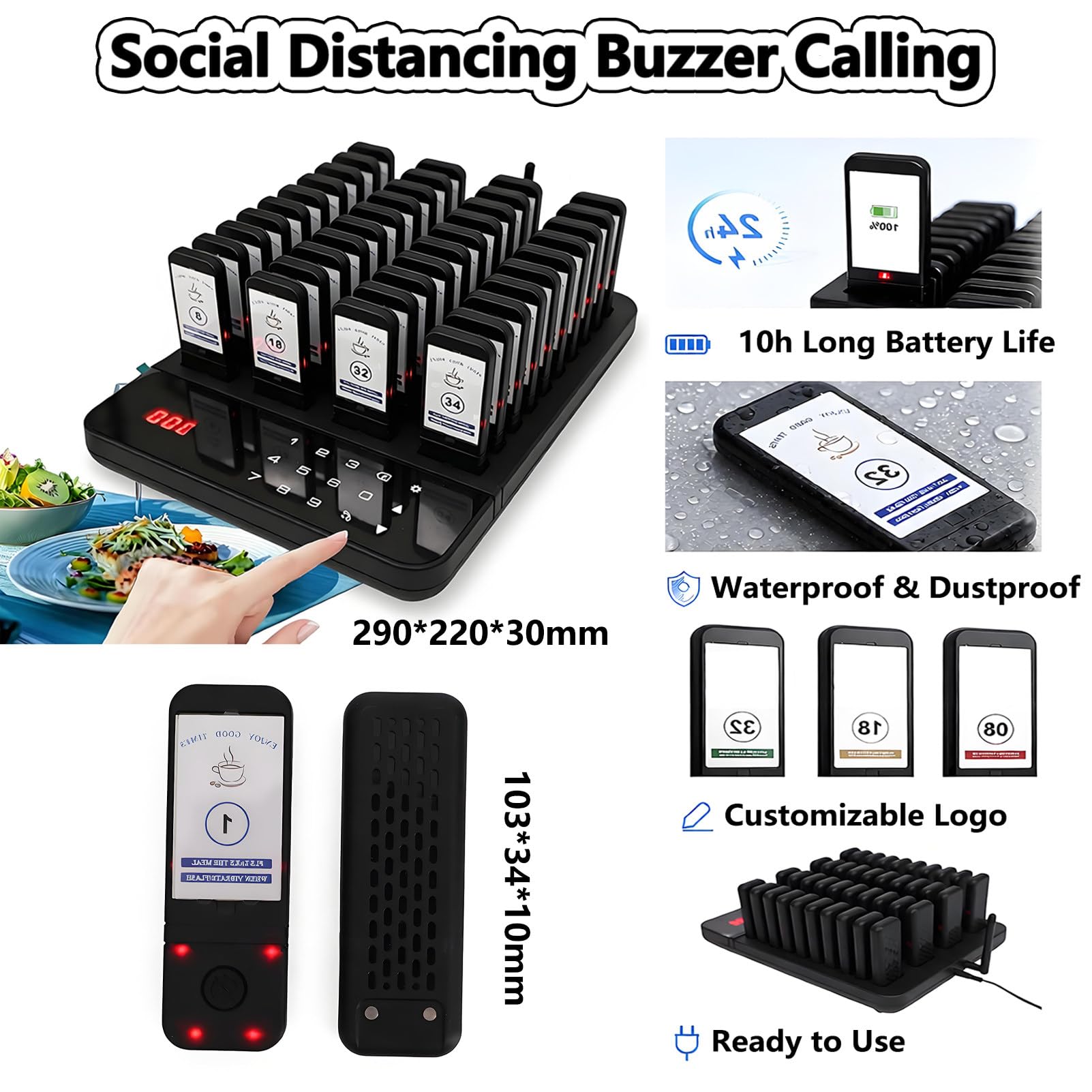 Bipeurs pour Restaurant, 40 Pagers sans Fil, Extérieur 800M, Système D'appel Favorisant la Distanciation Sociale pour Food Trucks, Cafés, Hôtels, Alertes par Vibration, Bip et Flash