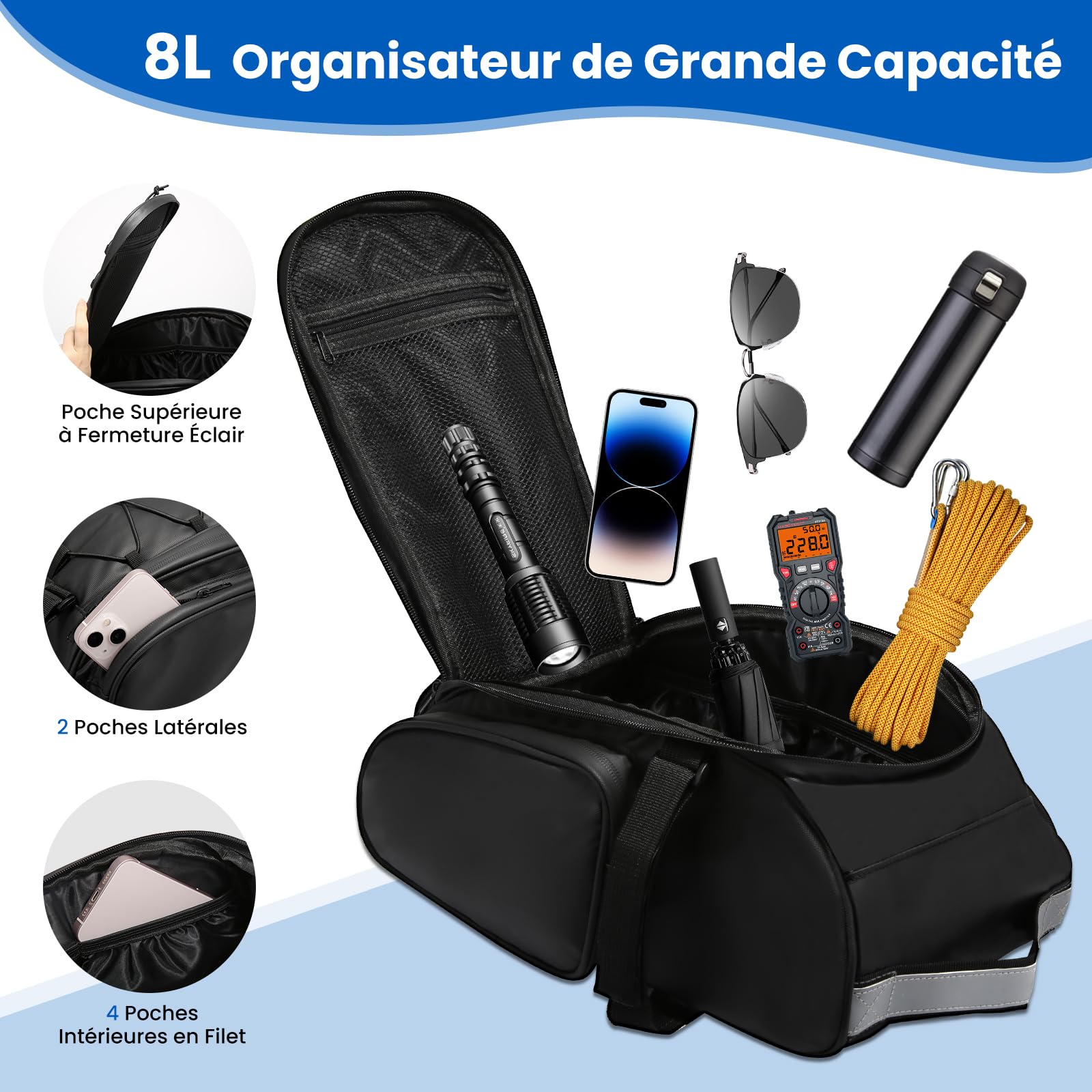 Borsa per portapacchi da bicicletta, per portapacchi, 8 l, impermeabile e riflettente, multifunzionale, 3 in 1, con parapioggia, TEDE-BIG-05
