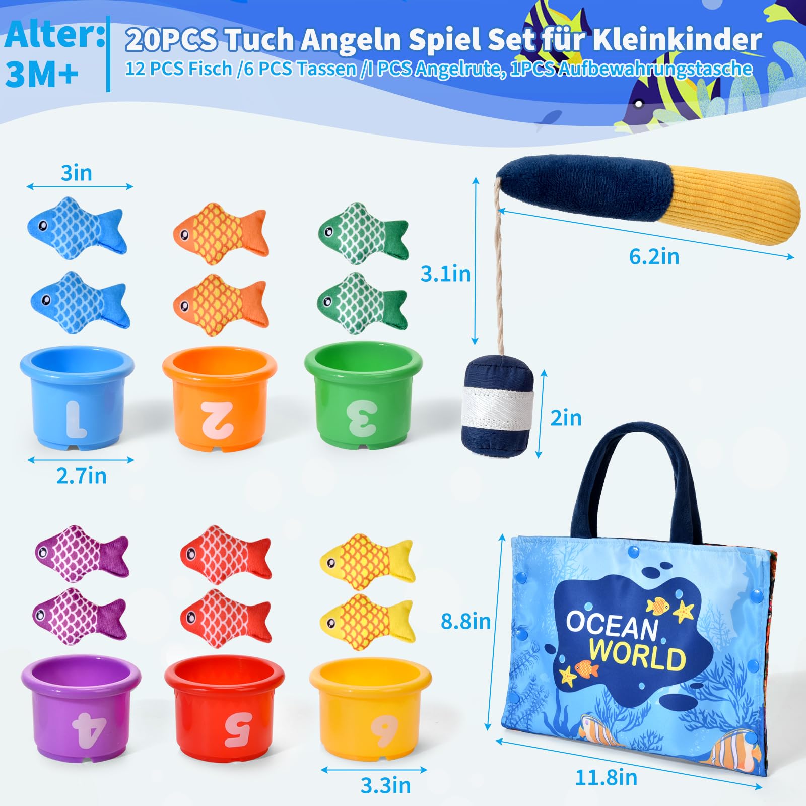 Tokiyis Gioco Montessori Pesca per Bambini 1-3 Anni - 12 Pesci Morbidi con Retino, Giocattolo Educativo per Sviluppo Motricità Fine e Coordinazione, Neonati 12-18 Mesi e Bambini