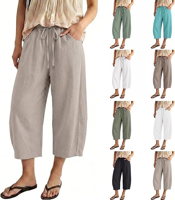 Women's Linen Barrel Pants with Drawstring and Pockets for Summer Comfort