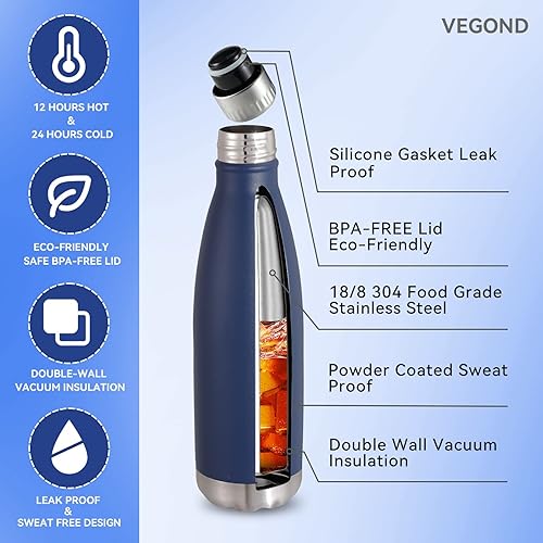 Miniatura 2 de VEGOND Botellas de agua de acero inoxidable de 17 onzas, botella de agua deportiva de metal reutilizable que mantiene la bebida caliente y fría, sin