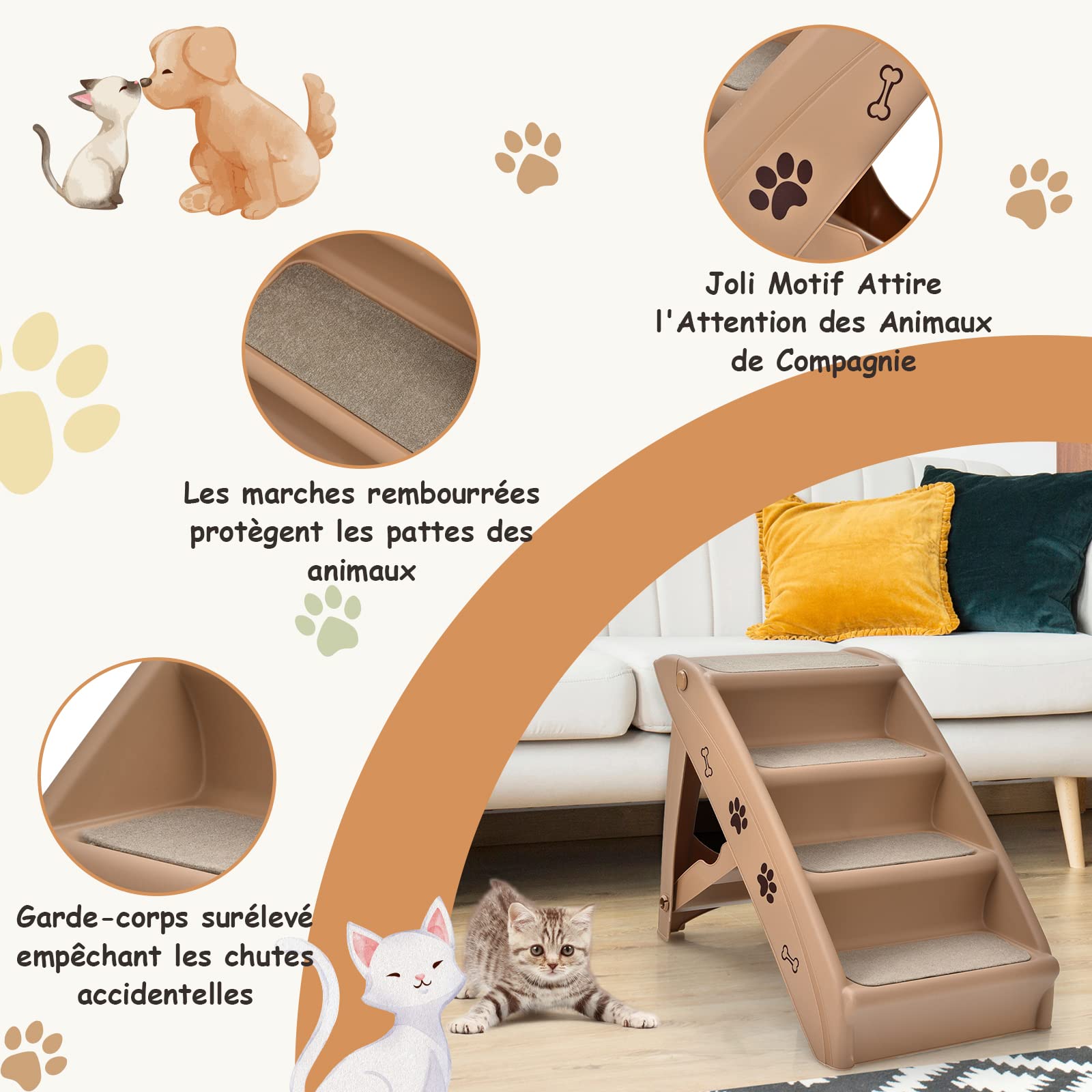 COSTWAY Escalier pour Chien Pliant à 4 Marches en Plastique Charge 60KG 64 x 39 x 49 cm Feutre Doux Structure Triangulaire Echelles pour Chiens et Chats (Café)