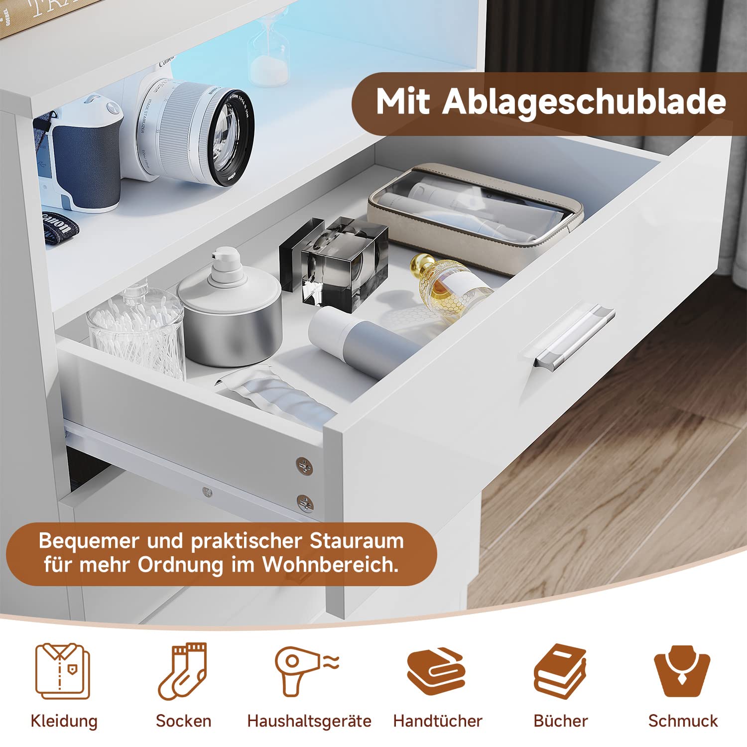 SONNI Kommode mit Vier Schubladen,Einer ferngesteuerten LED-Leuchte, die in 12 Farben einstellbar ist. Die Kommode hat eine weiße UV-High-Gloss-Oberfläche und misst 600mm(B) x 400mm(T) x 830mm(H).