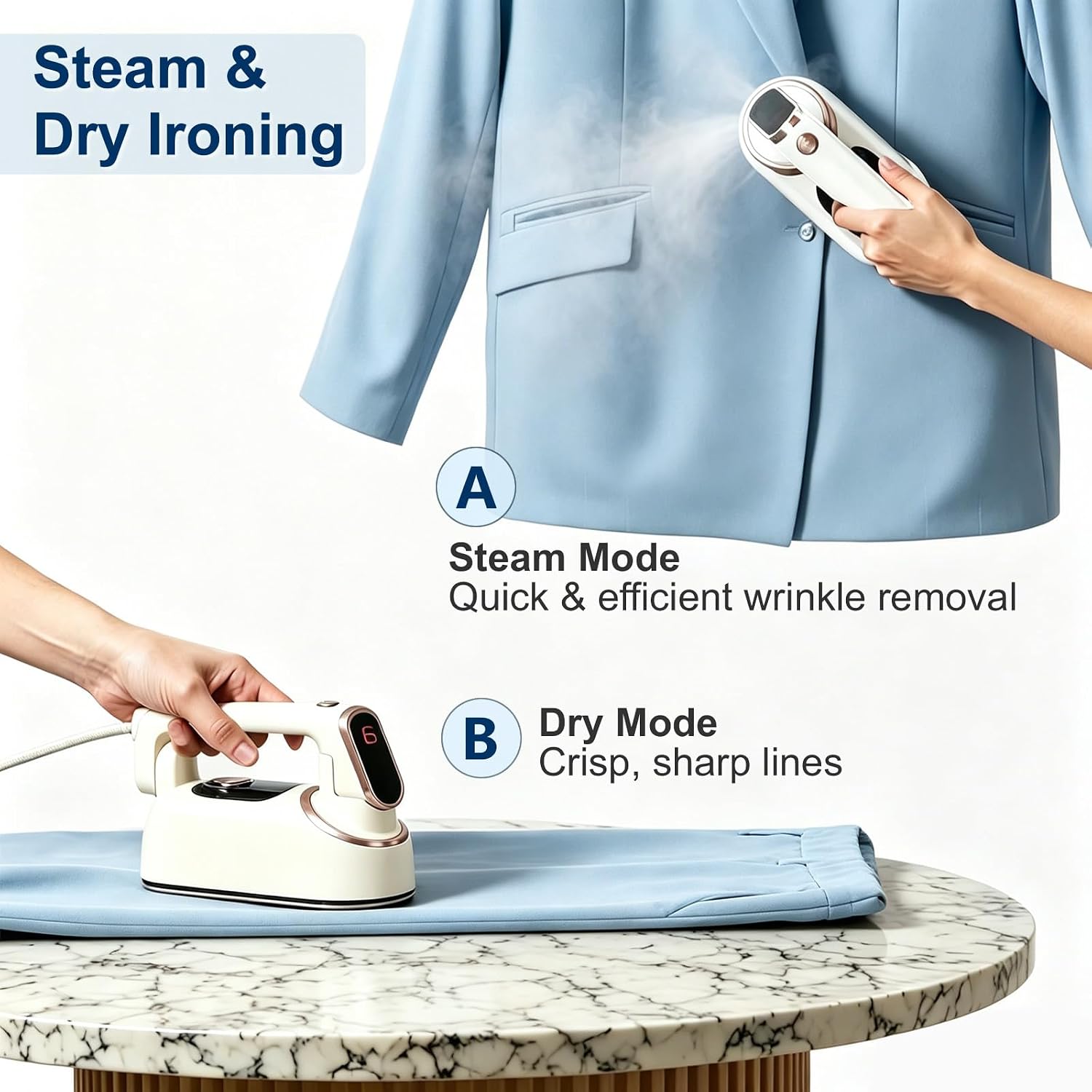 Portable Steam Iron for Clothes, 127V Dry & Wet Ironing, 1200W Pressurized System, 25s Fast Heat-Up, 140ml Large Water Tank, Foldable Handle with Ceramic Plate for Home Travel (Beige)