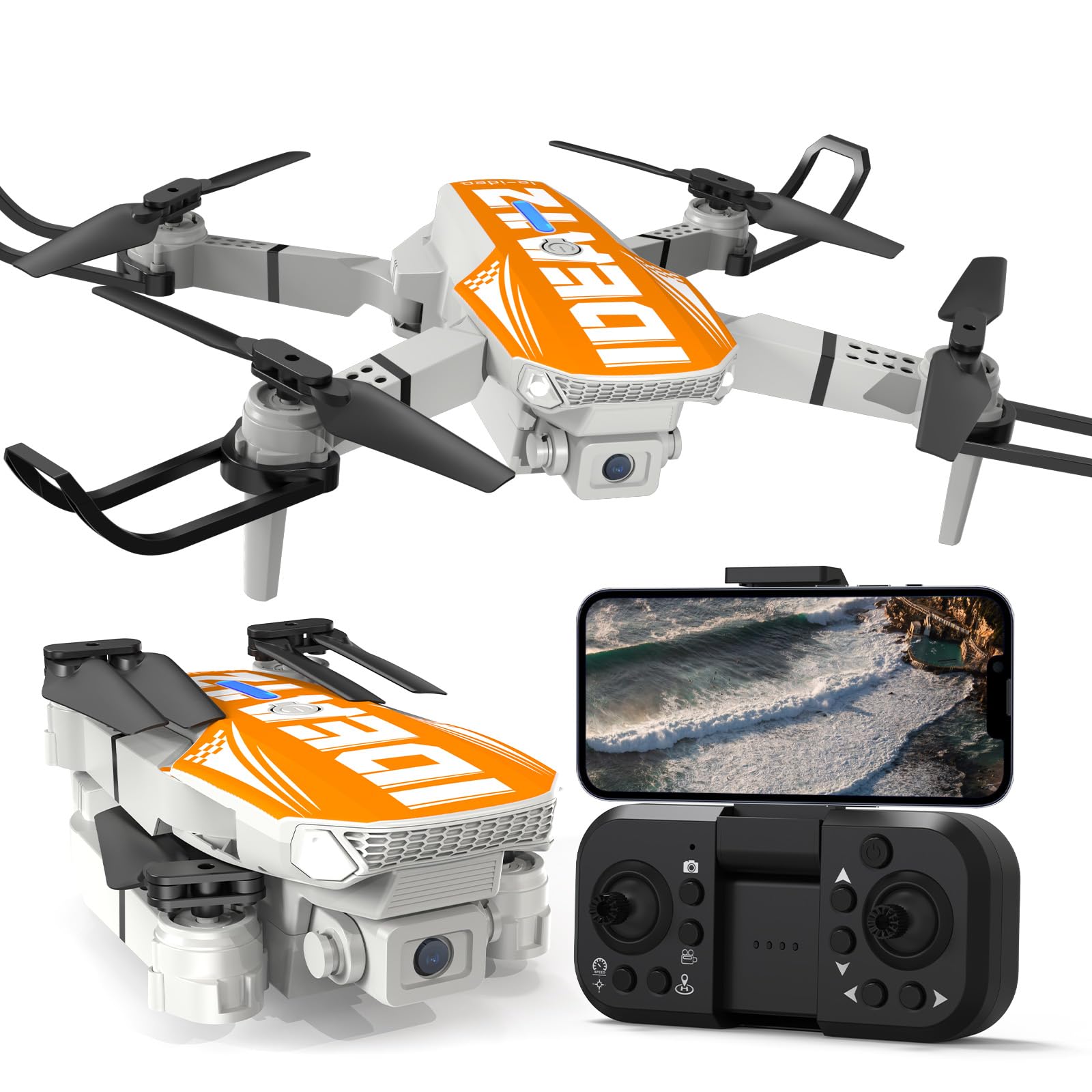 LE-IDEA Plegable Mini Drone con Cámara 1080P, IDEA12 Dron con Posicionamiento Flujo Óptico Trayectoria de Vuelo Modo sin Cabeza, RC Quadcopter Drone para Adultos Principiantes, Naranja