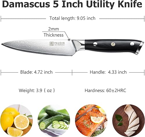 Miniatura 2 de PAUDIN Cuchillo utilitario, cuchillo de cocina de damasco, hoja forjada de 67 capas, borde ultra afilado, mango G10 de espiga completa con remaches