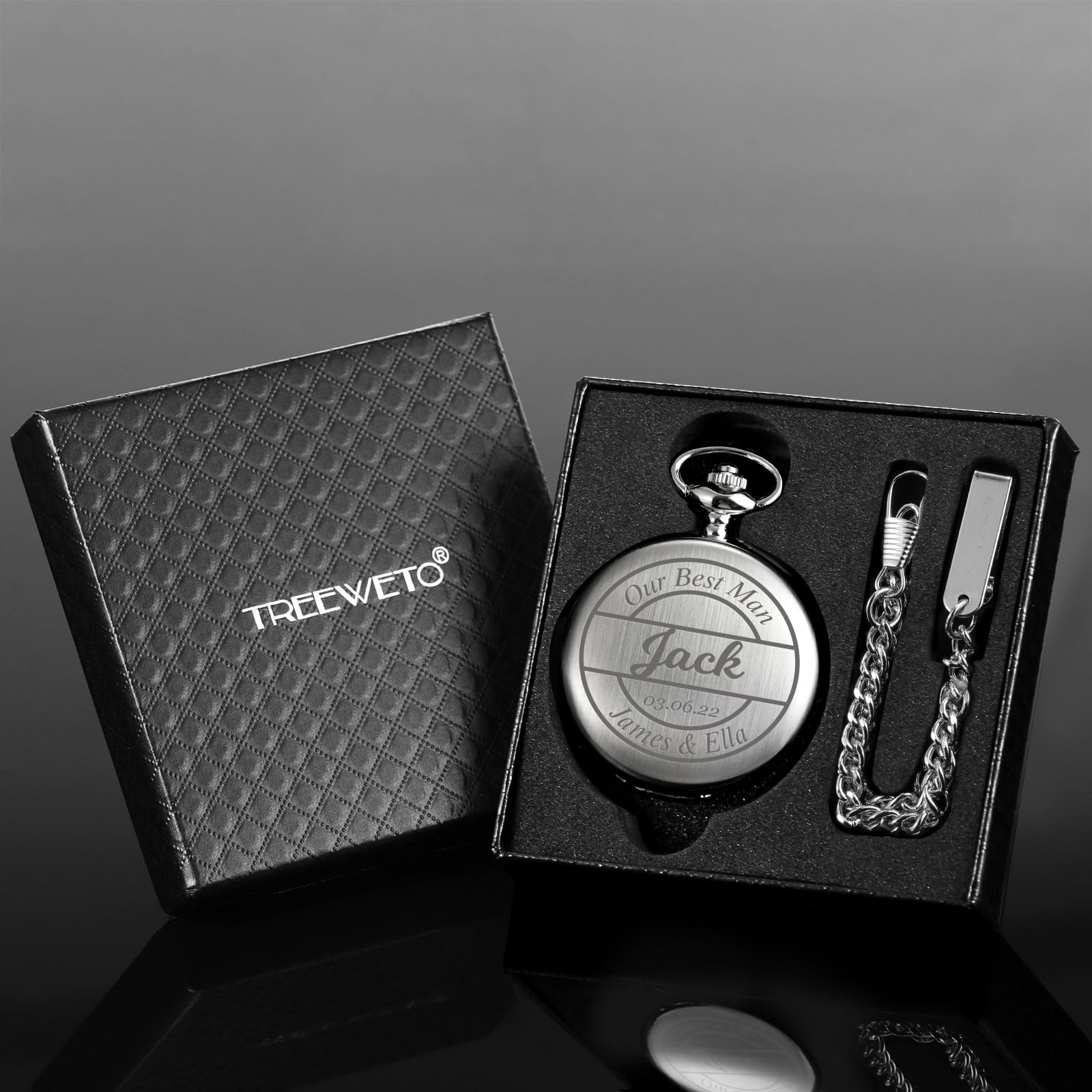 TREEWETO Reloj de bolsillo grabado personalizado con cadena de grabado para hombre, regalo para mejor hombre, relojes de bolsillo de cuarzo, regalos para novios para boda