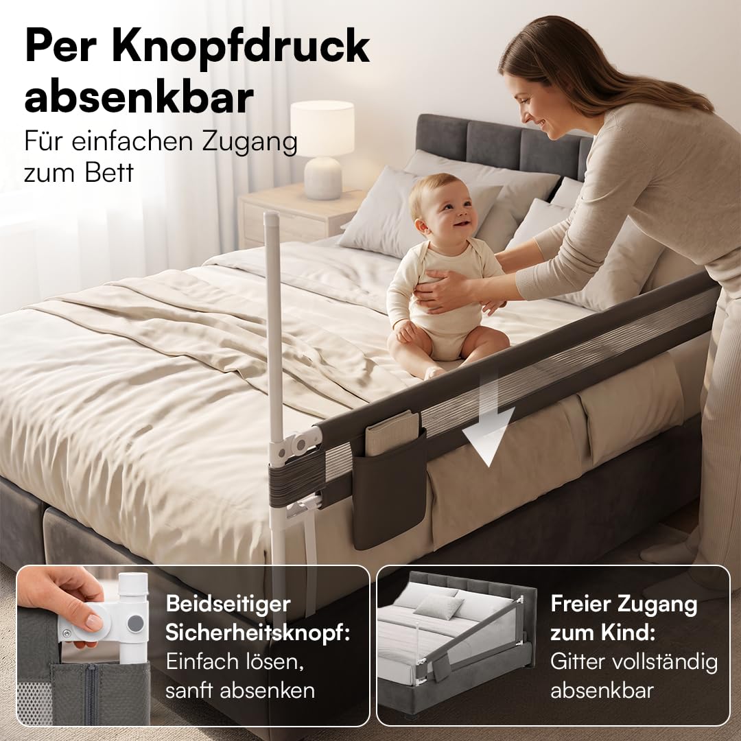 Bellabino Drina Rausfallschutz – Bettschutzgitter 180 cm Dunkelgrau – Bettgitter höhenverstellbar 69-99 cm – Baby Bettumrandung inkl. Seitentasche Schutzgitter mit Sicherheitsgurt Bett/Kinderbett