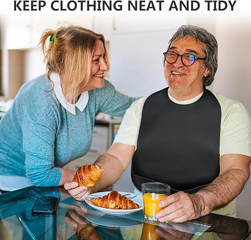 Miniatura 7 de Baberos para adultos para hombres y mujeres, lavables de silicona para adultos con recogedor de migas, Negro Paquete de 2