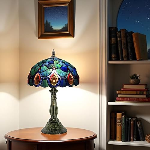 Miniatura 5 de Tiffany Lamp Stained Glass Table Lamps Sea Blue Peacock Tail Style Desk Lamp 12X12X18.5 Inch Bronze Ceramic Base Reading Light Suitable for Bedside