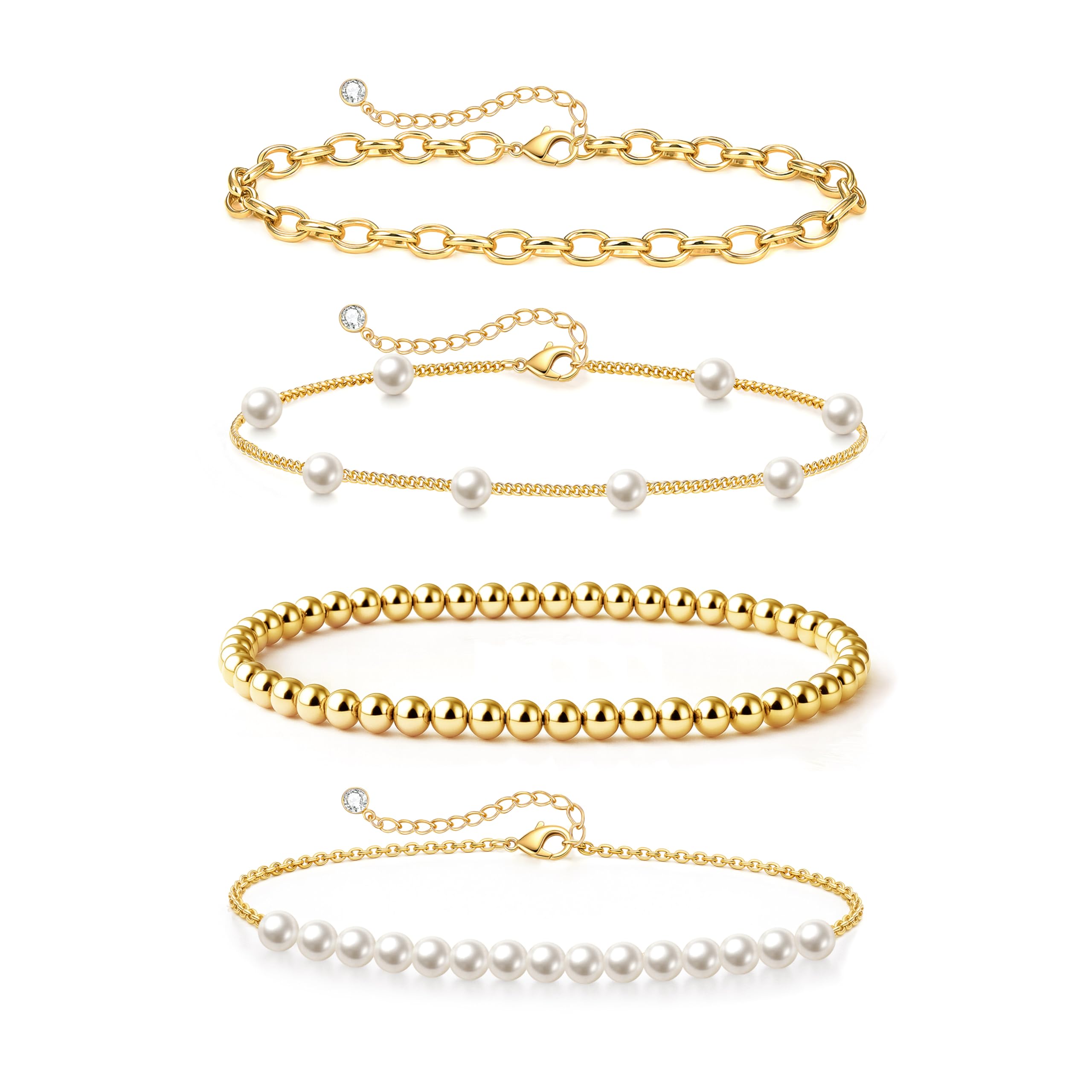 Sponsored Ad - Gold Pearl Beaded Bracelet for Women, 14K Gold Plated Jewelry Set With Paperclip Link Chain, Trendy Stack Bracelets