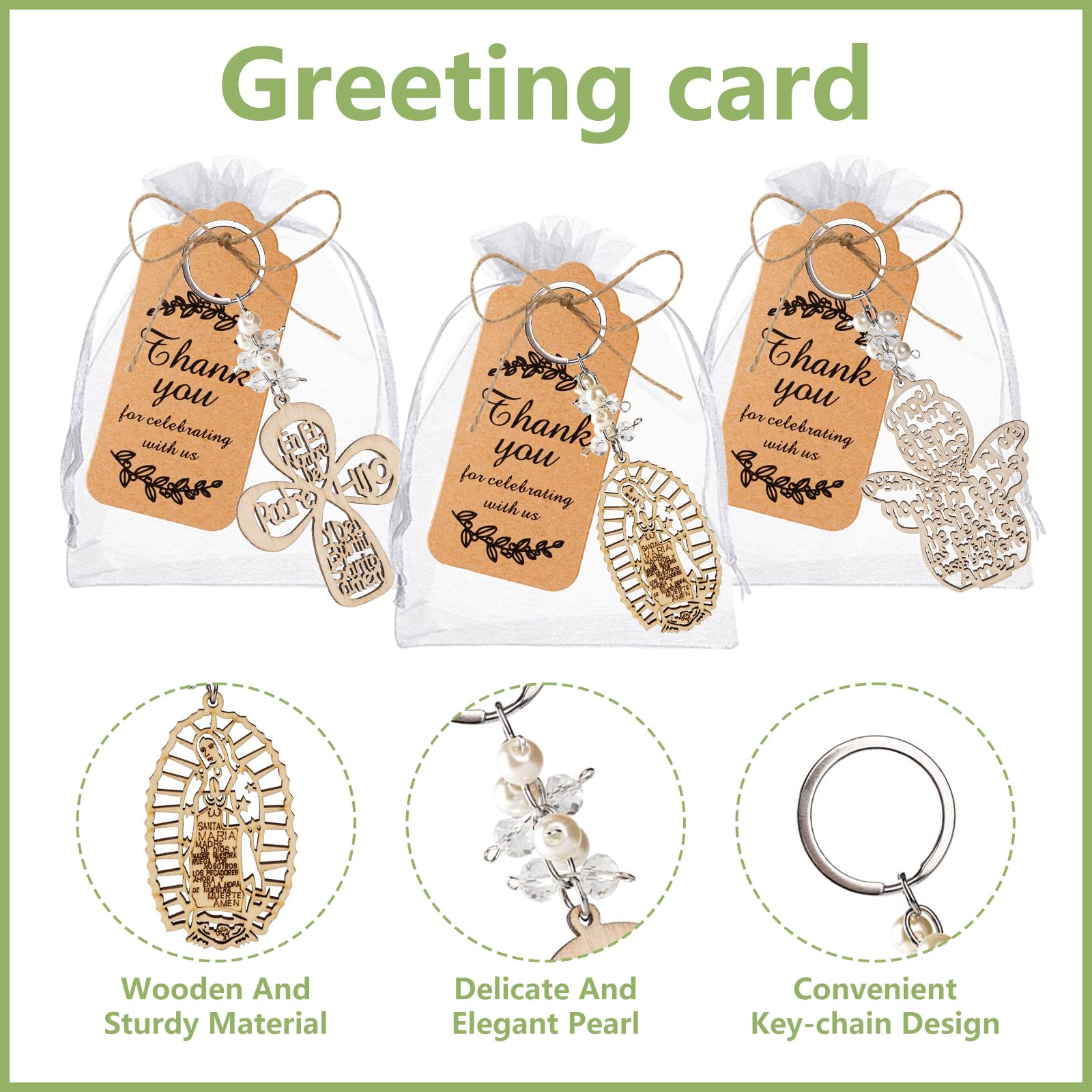 Lot de 240 porte-clés en forme de croix en bois avec sacs cadeaux en organza – 60 ensembles parfaits pour première communion pour invités