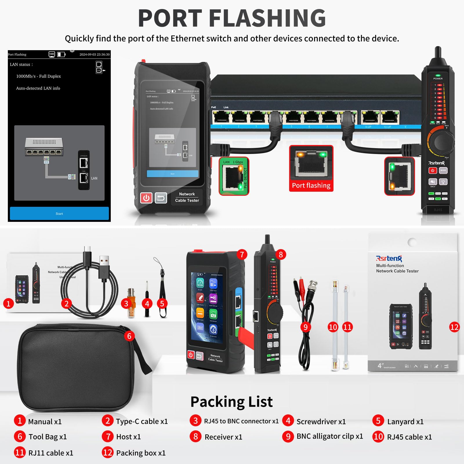 Tester multifunzione per cavi di rete, tester per cavi Ethernet UTP, tracciatore di cavi, tester di rete touch screen IPS ricaricabile da 4 pollici, test POE, RJ45 TDR, lunghezza, strumenti di rete IP