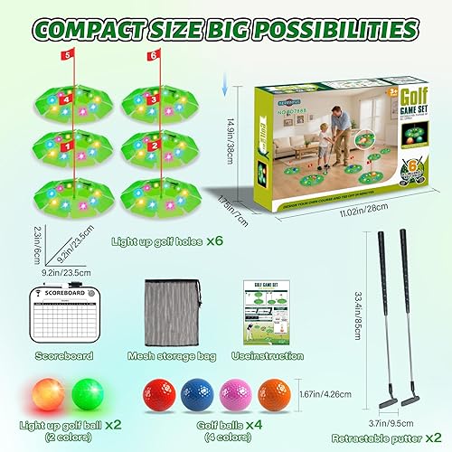 Miniatura 9 de Juego de golf iluminado - Juego de golf para niños actualizado con 6 objetivos LED, 2 palos, 6 pelotas (2 brillan), juguetes de golf nocturnos para