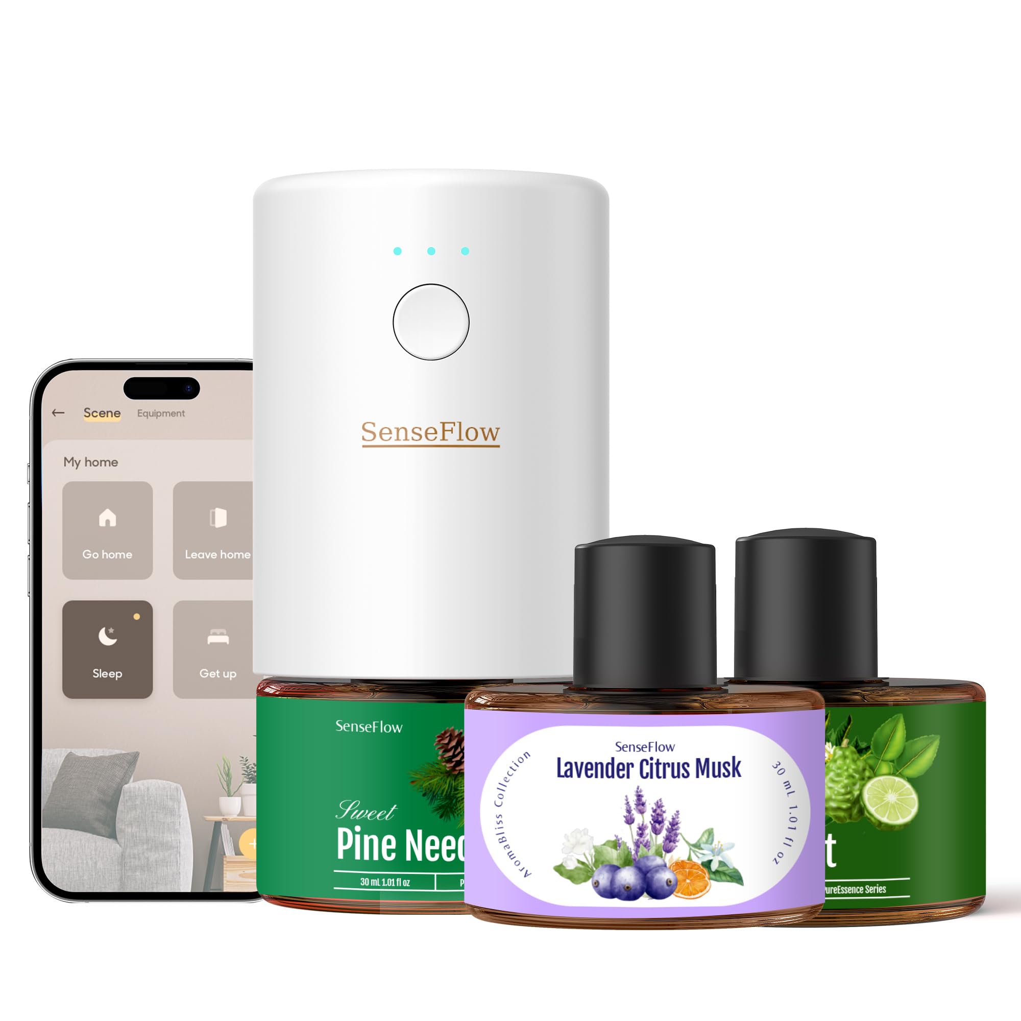 Dyfuzor zapachowy Wi-Fi SF101S Trio zestaw z 3 olejkami eterycznymi, bezwodna, ultradźwiękowa wtyczka zapachowa, 100% roślinny zapach do pomieszczeń, 120 dni aromatu do domu do 100 m² - L
