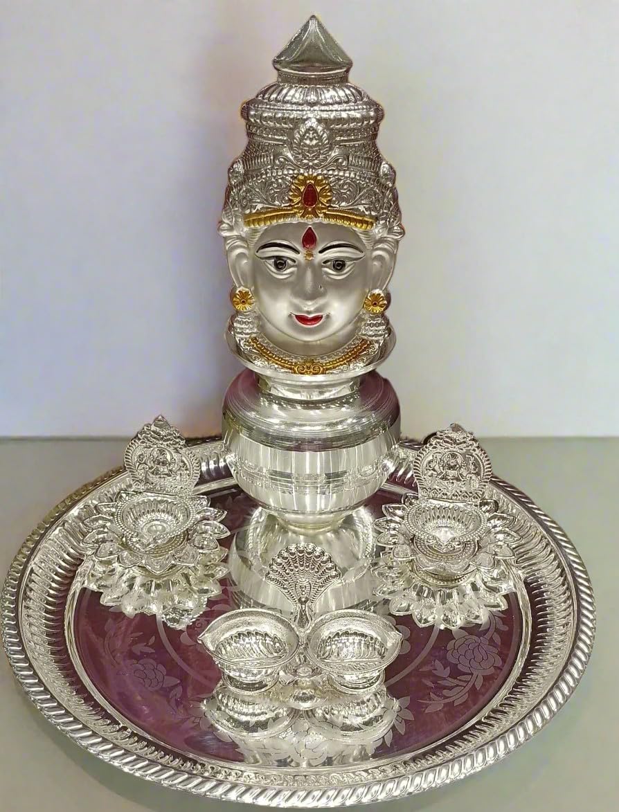 indiancraftsbykanika silver plated pooja thali set for housewarming/diwali set of 6 pieces