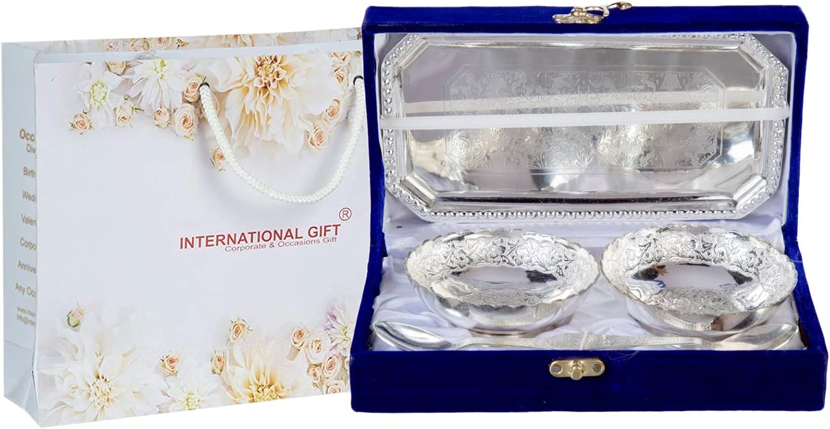 INTERNATIONAL GIFT German Silver Brass Round Bowl Set with Tray and Spoon with Royal Royal Luxury Velvet Box Used for Dry Fruit, Sweets and Home Decor