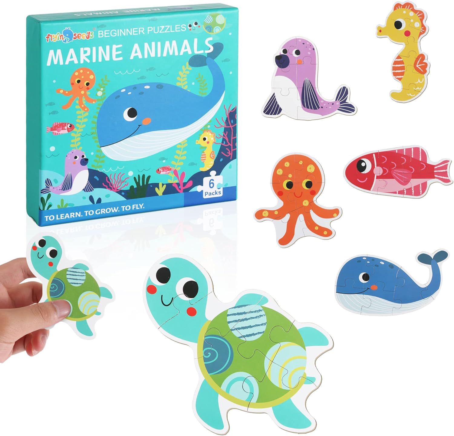 FLYINGSEEDS 6 Packs Marine Animals Shaped Wooden Jigsaw