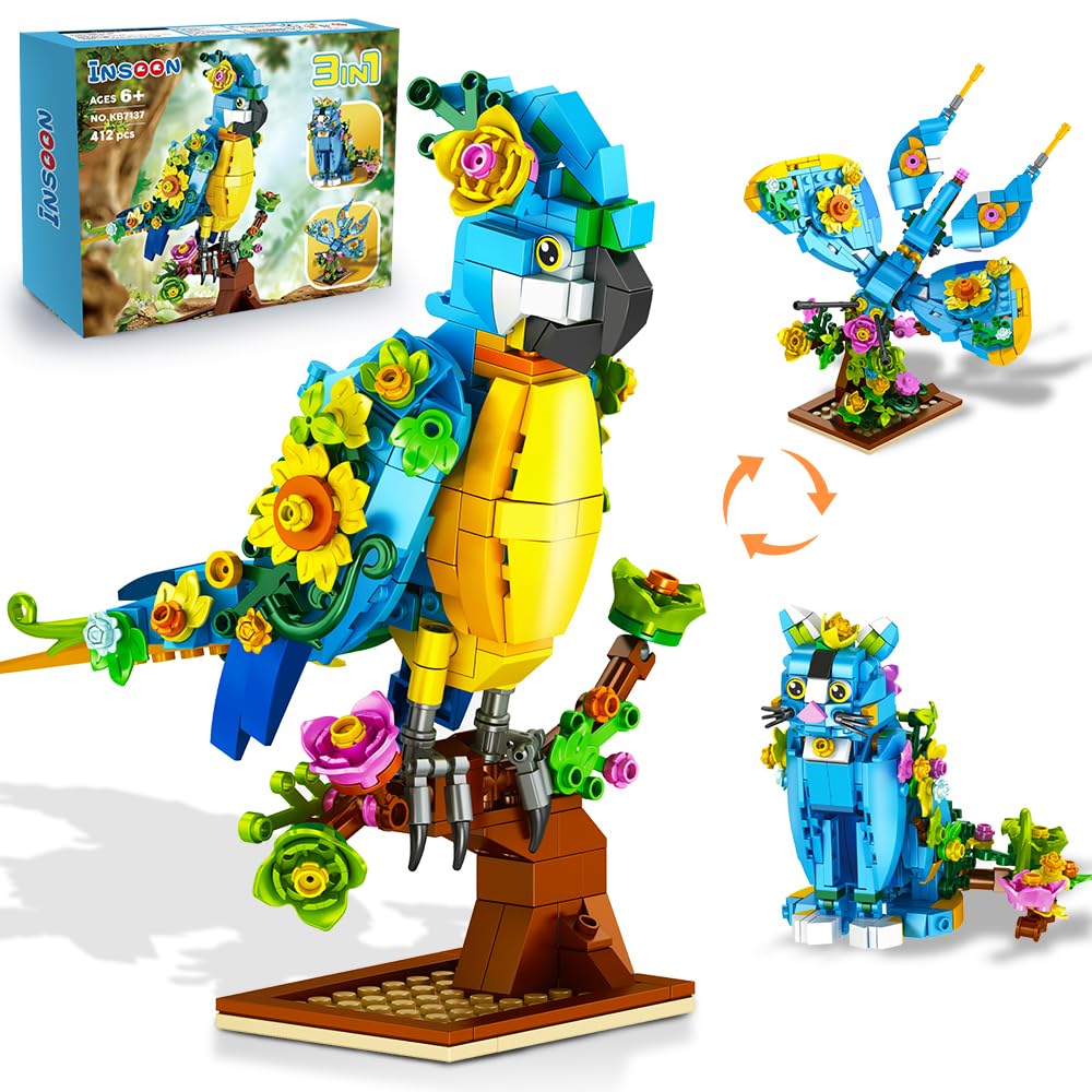 3 in 1 Flower Cat Parrot Butterfly Building Set, Animal Figures Building Toy for Home Office Art Decor, 412 PCS Building Block Easter Gift for Kids Boys Girls Ages 6 7 8 9 10 11 12+ Adults