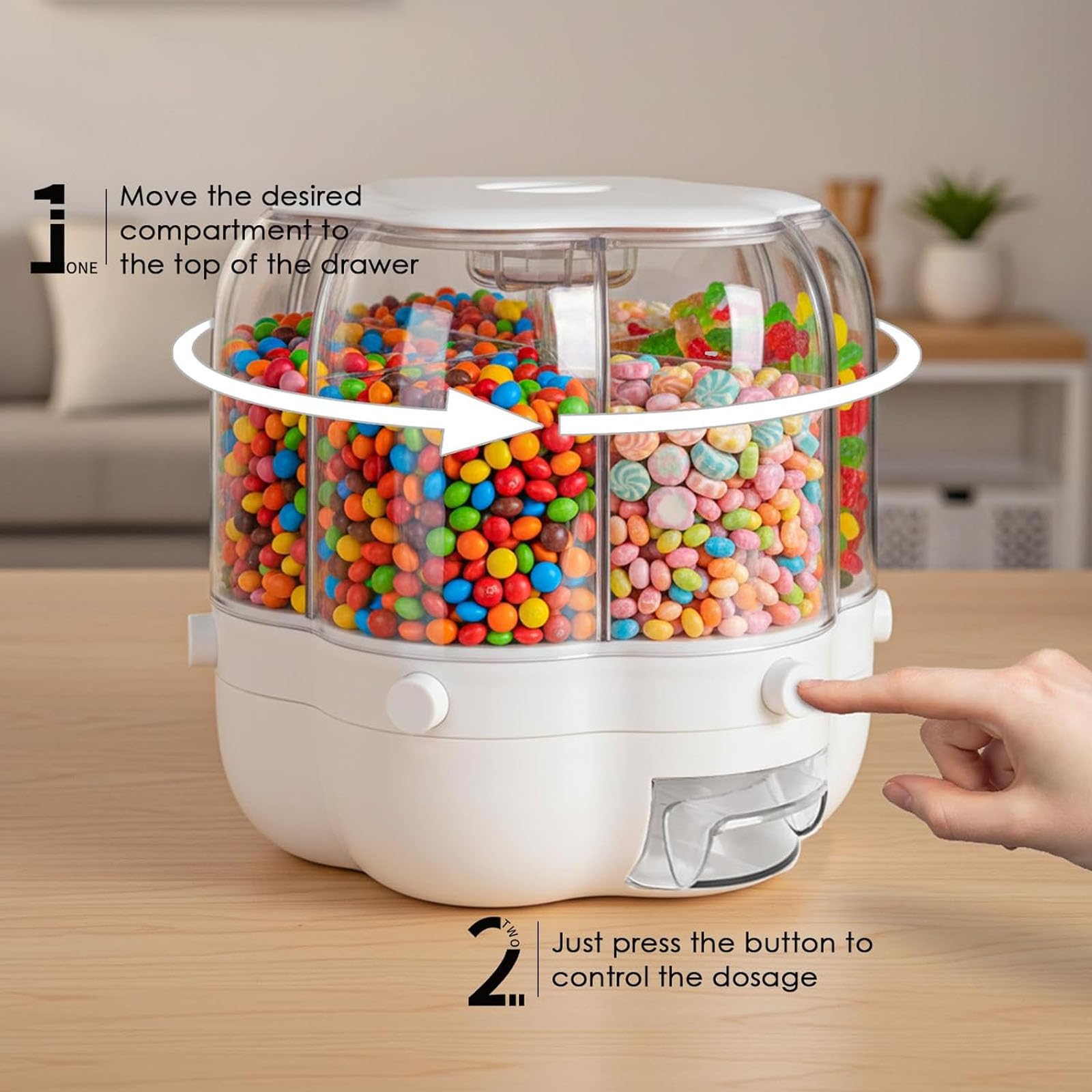 Dispensador de caramelos giratorio 360°, 6 compartimentos para aperitivos y granos, tipo prensa divertida con cajón transparente, almacenamiento de encimera para dulces y arroz