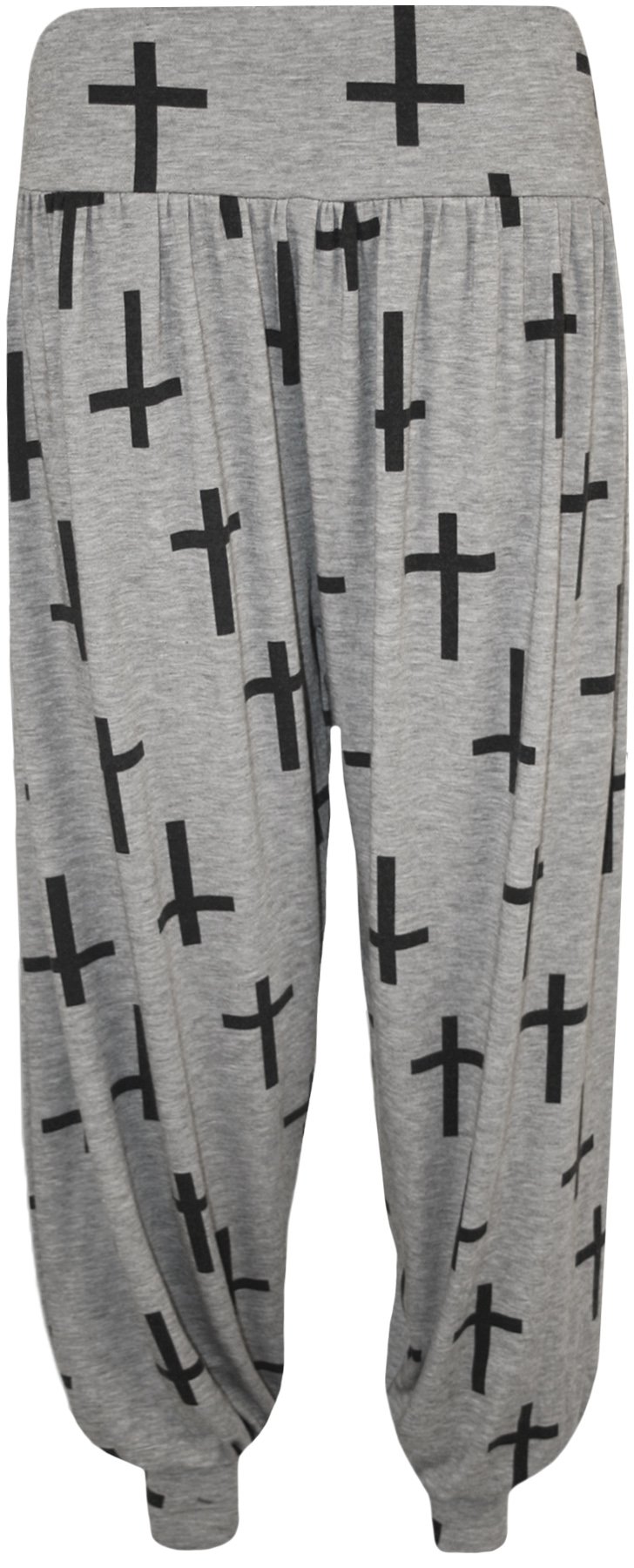 WearAll Womens Plus Size Printed Pattern Ladies Long Harem Pants Trousers - Light Grey Cross - 24/26