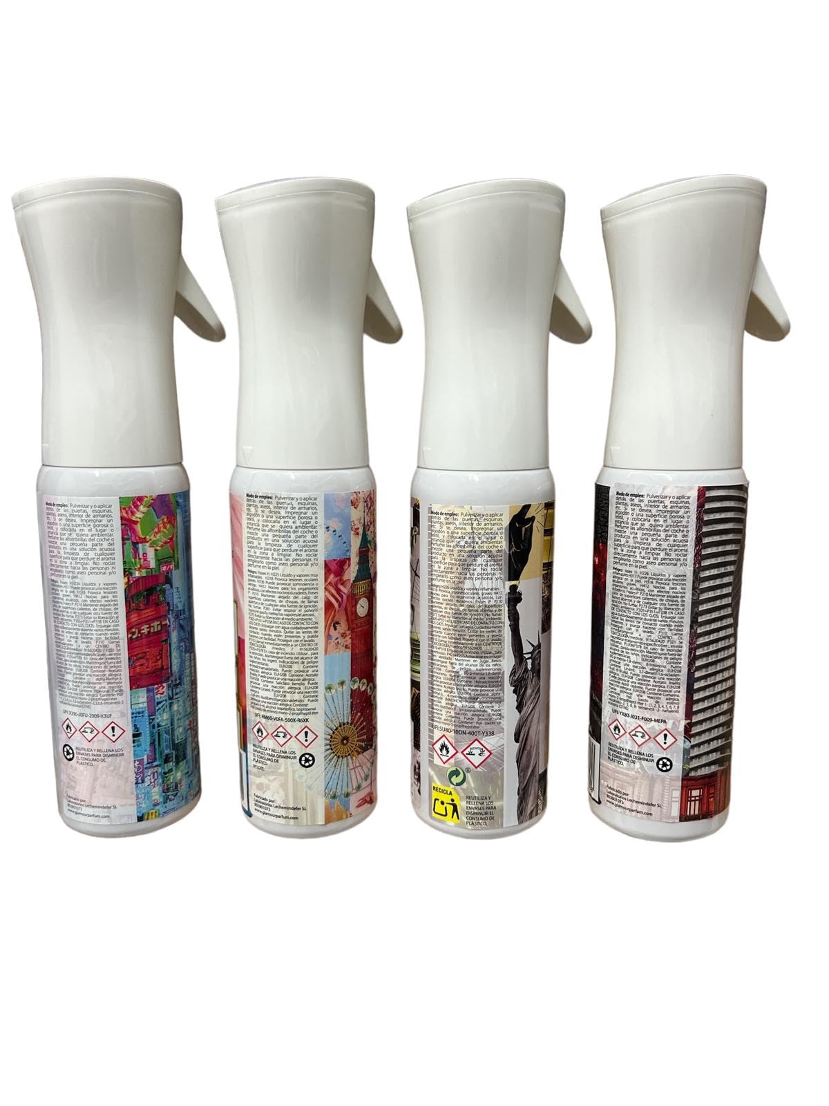 PARFUM GLAMOUR - Zestaw 4 domowych odświeżaczy powietrza - Zapach Tokio, Berlina, Nowego Jorku i Londynu - 4 x 300 ml - Pakiet Cosmopolitan - Odświeżacze powietrza w sprayu tekstylnym