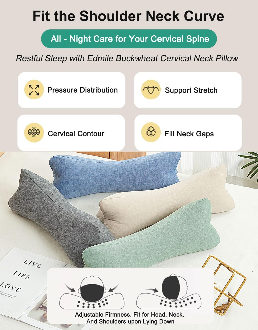 Breathable Buckwheat Cervical Neck Support Pillow, Triangle Pillows for Neck Pain Relief, Adjustable Height Cool Sleep Cylinder Bolster Pillow, Removable Washable, Green 15 X 5 Inches - Image 6