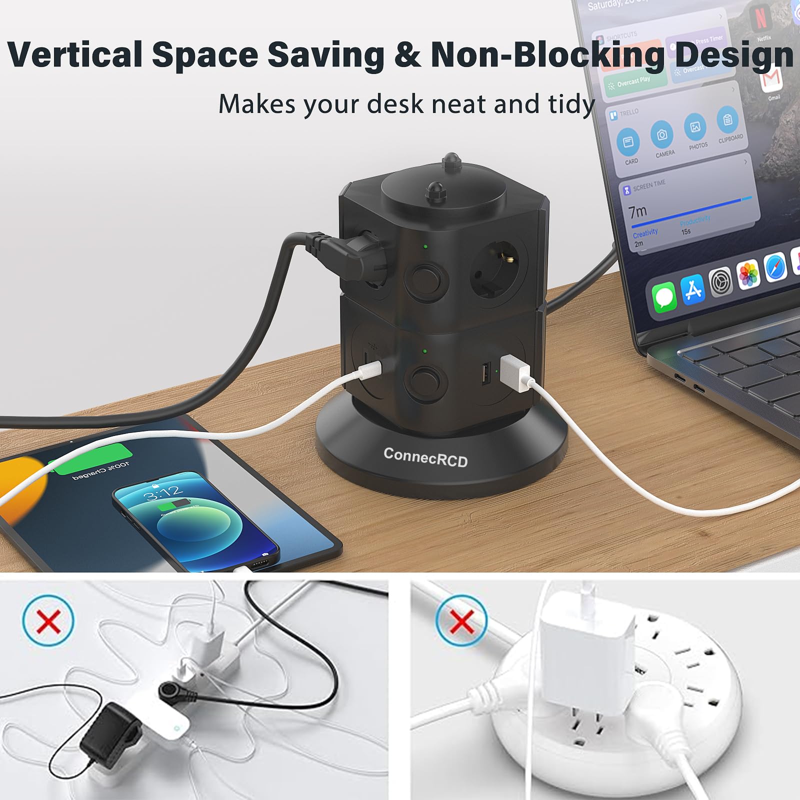 Interruttore di protezione FI, ciabatta multipresa a 6 prese, 4 USB, cavo da 3 m | Protezione da sovratensione, presa multipla a cubo, cavo di prolunga per ufficio e cucina