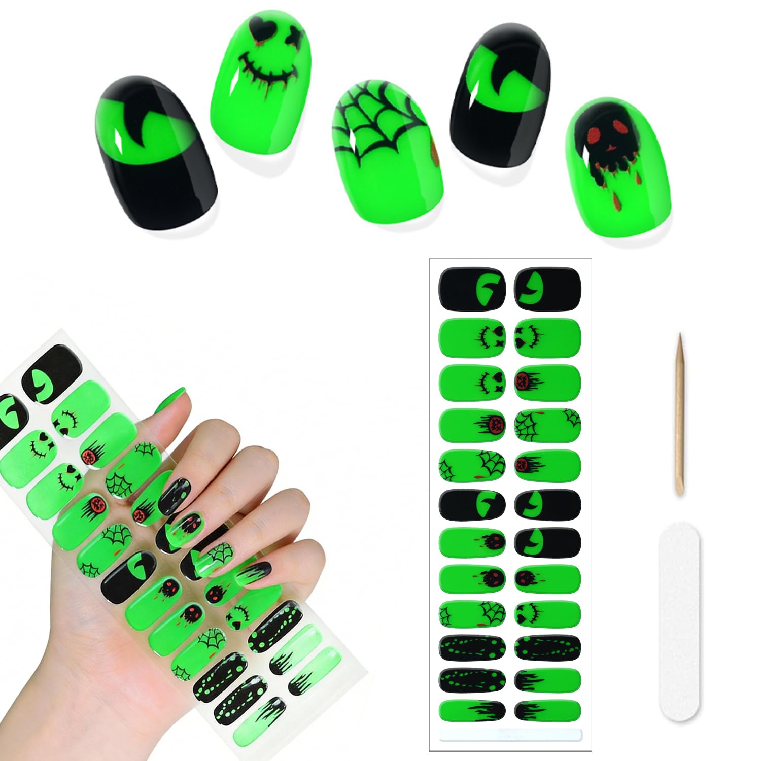 JERCLITY 1 Sheet 24pcs Halloween Glow-in-the-Dark Semi Cured Gel Nail Strips, Gel Nail Wraps, Ease to Use, Hassle-Free Removal, Requires Lamps for
