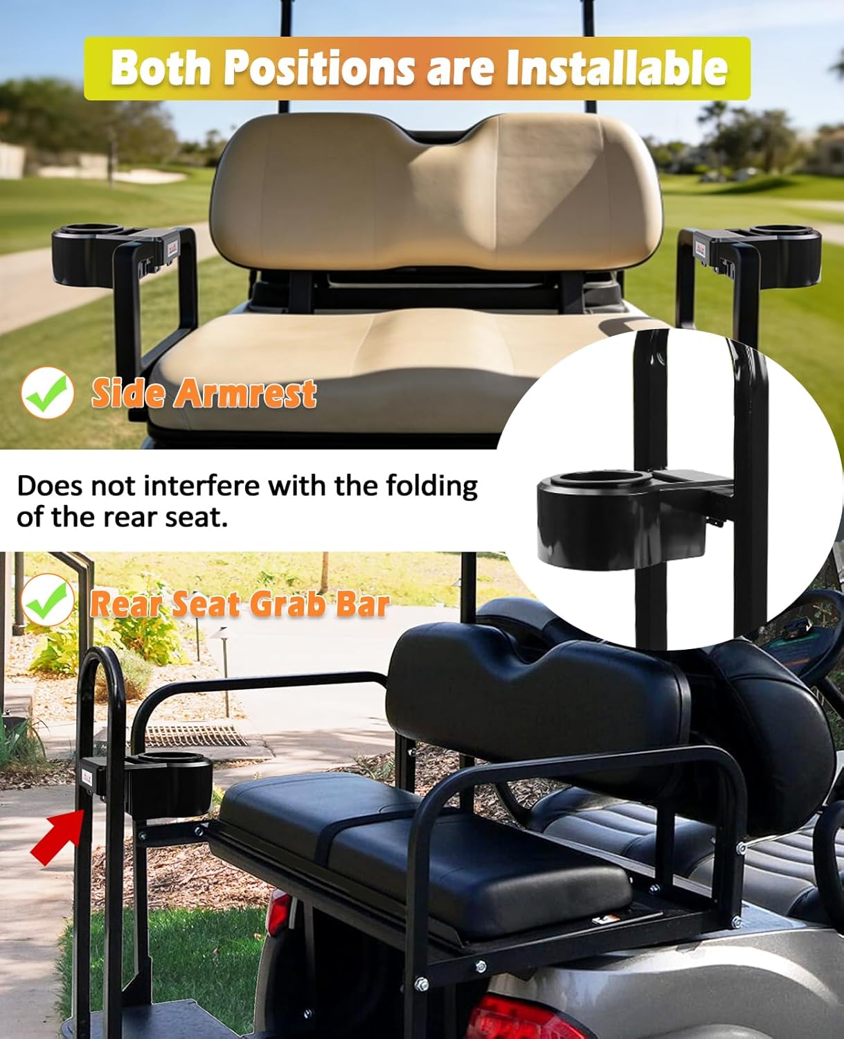 Universal Golf Cart Cup Holders, 2 Pack Upgraded Waterproof Armrest Drink Holder with Phone Holder, No Drilling Space-Saving for EZGO Club Car Yamaha, Fits 1.0"-1.25" Square Tube Frame & Grab Bar