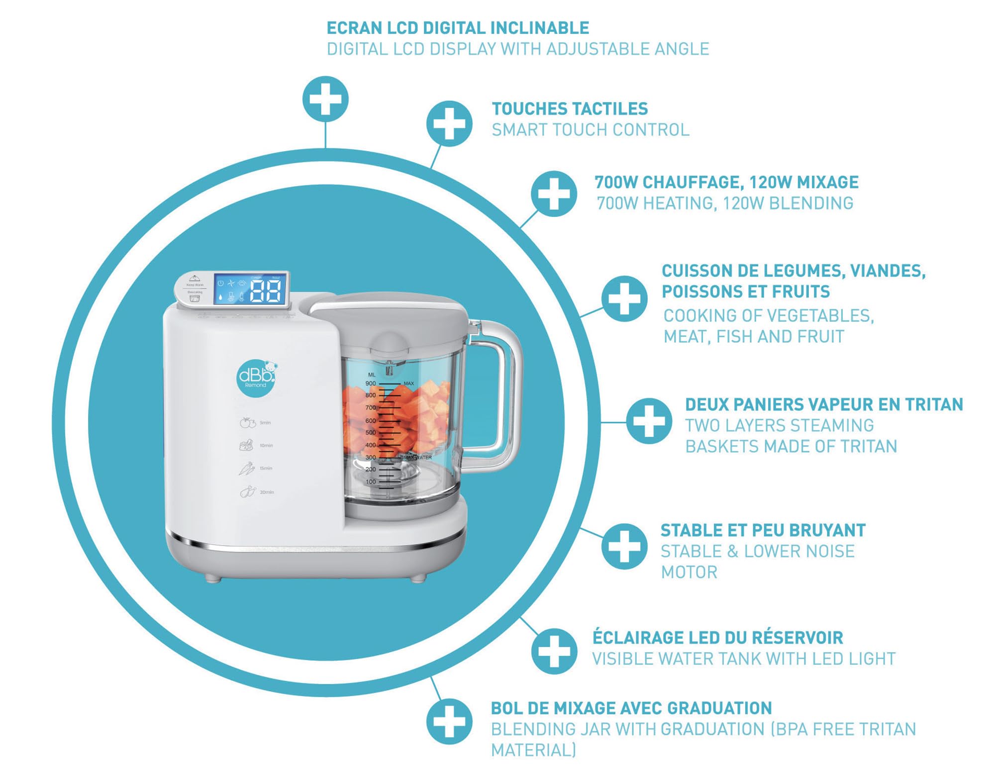 dBb Remond Robot Cuiseur Bébé Multifonctions 6 en 1 - Cuit Vapeur, Mixe, Hache, Stérilise, Chauffe et Décongèle - Auto Nettoyant - Repas Sains et Faciles pour Bébé - Capacité 1000 ml - Blanc & Gris