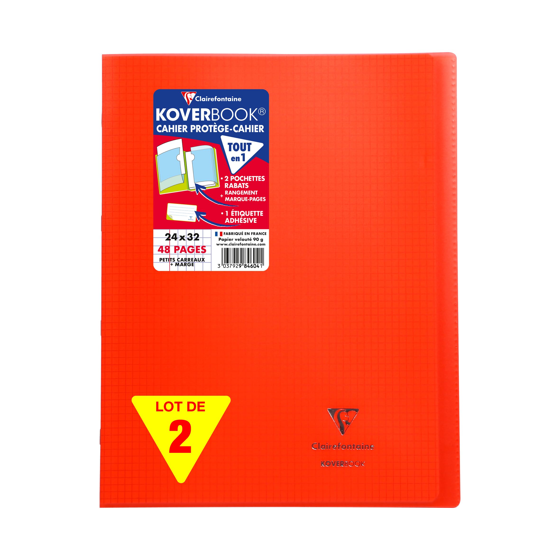 Clairefontaine 984604AMZC - Set of 2 Stapled Notebooks Koverbook Red - 24x32 cm - 48 Pages Small Squares with Margin - White Paper 90 g - Polypro Cover