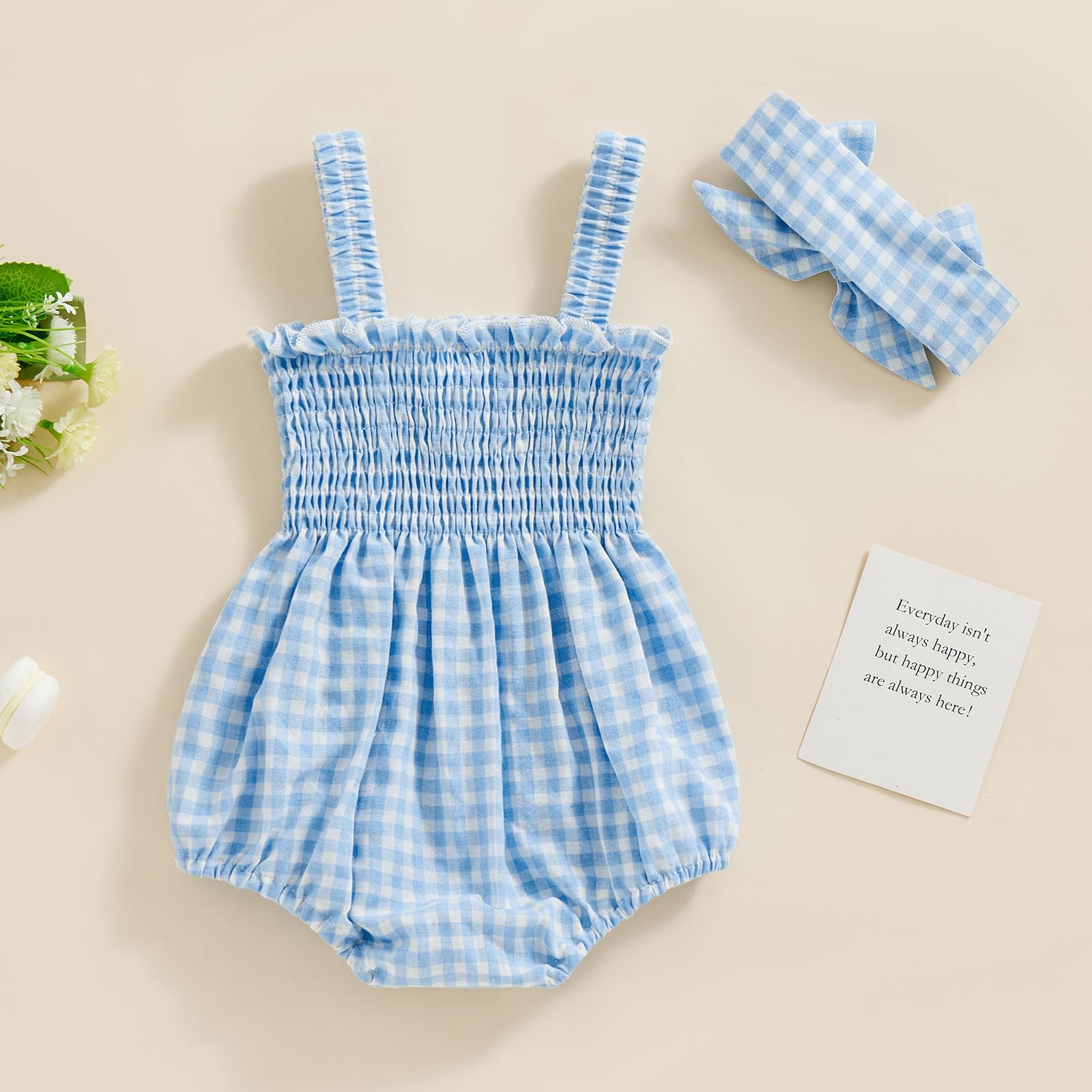 Lamuusaa Newborn Baby Girl Summer Clothes Smocked Sleeveless Romper Cotton Linen Bodysuit Headband Clothes Set 0-18M (Blue, 0-3 Months)