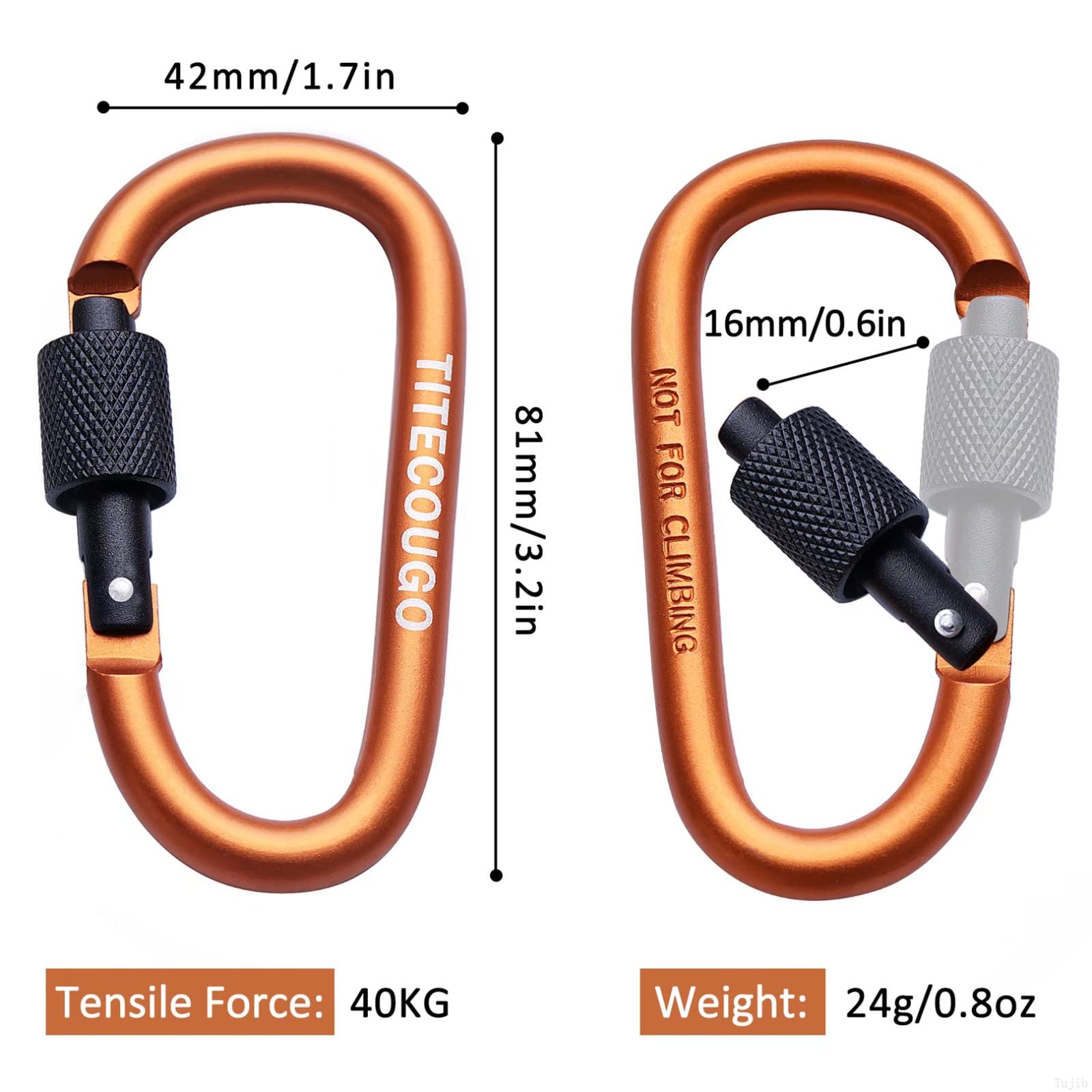 TITECOUGO 4 PCS Aluminum Alloy D-Ring High Strength Carabiner Key Chain Clip Hook For Camping Hiking Orange Black - Image 2