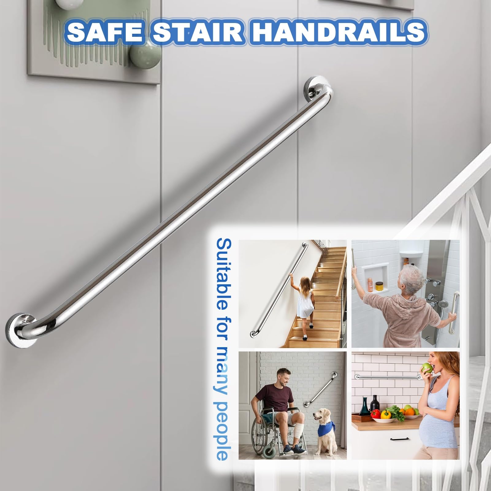 Barras de apoyo para ducha, barandilla de seguridad de acero inoxidable para bañera, barra de apoyo para pasillo, reposabrazos cromados, pasamanos resistentes, toallero(150cm)