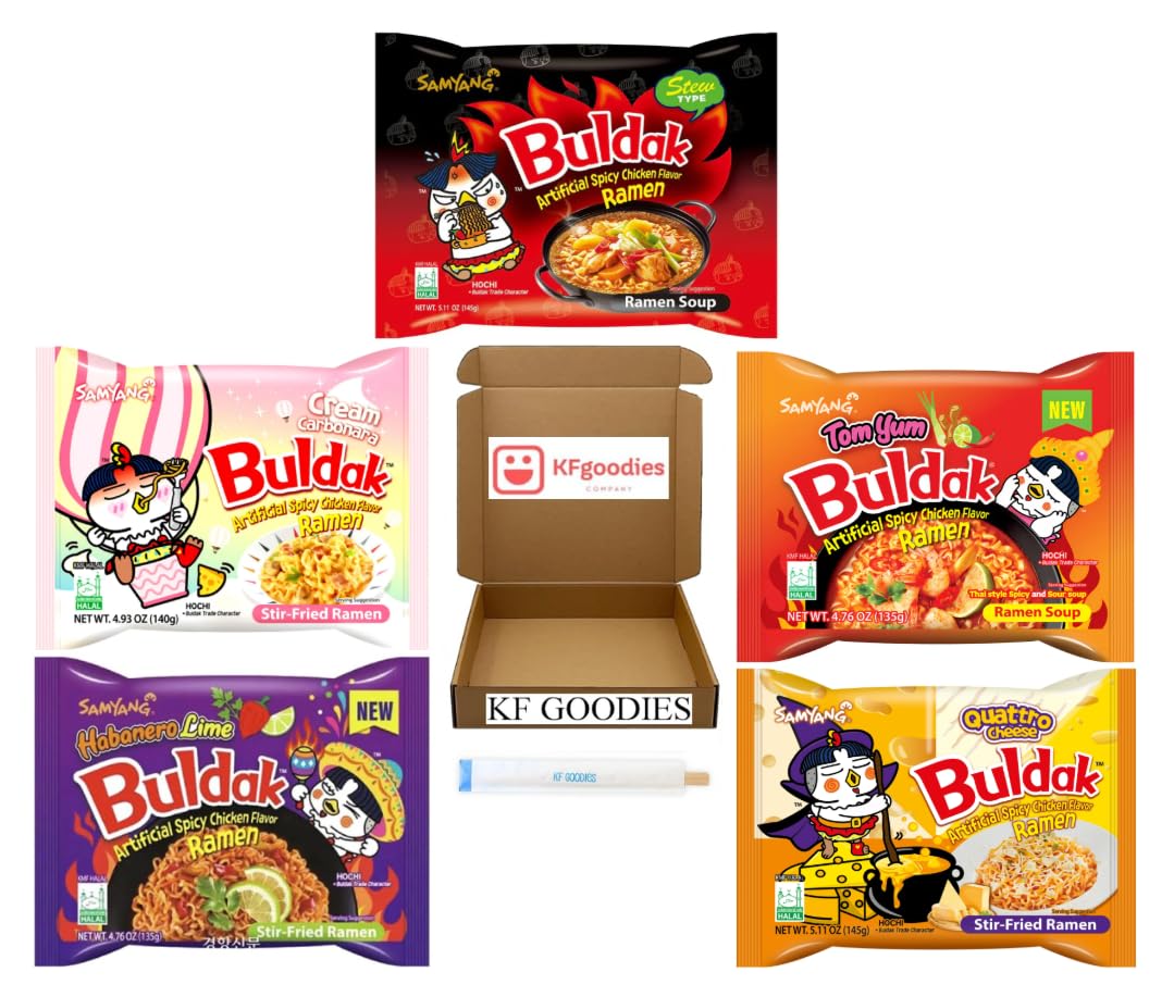 Samyang Buldak Hot Spicy Chicken Ramen Noodle Korean Stir-Fried Ramen (5 Pack, Cream Carbonara, Habanero Lime, Quattro Cheese, Stew, Tom Yum)